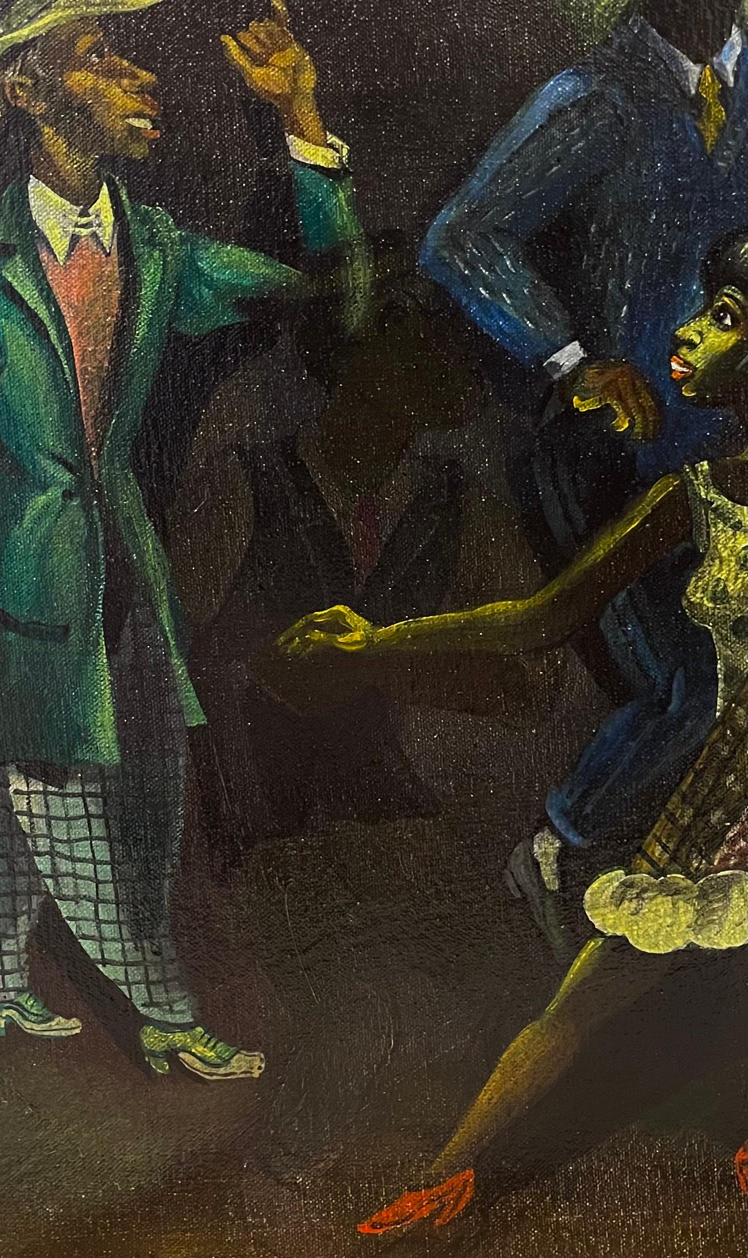 Peinture signée « Alston » : Des personnages afro-américains noirs dans une salle de danse de Harlem - Noir Interior Painting par Charles Alston