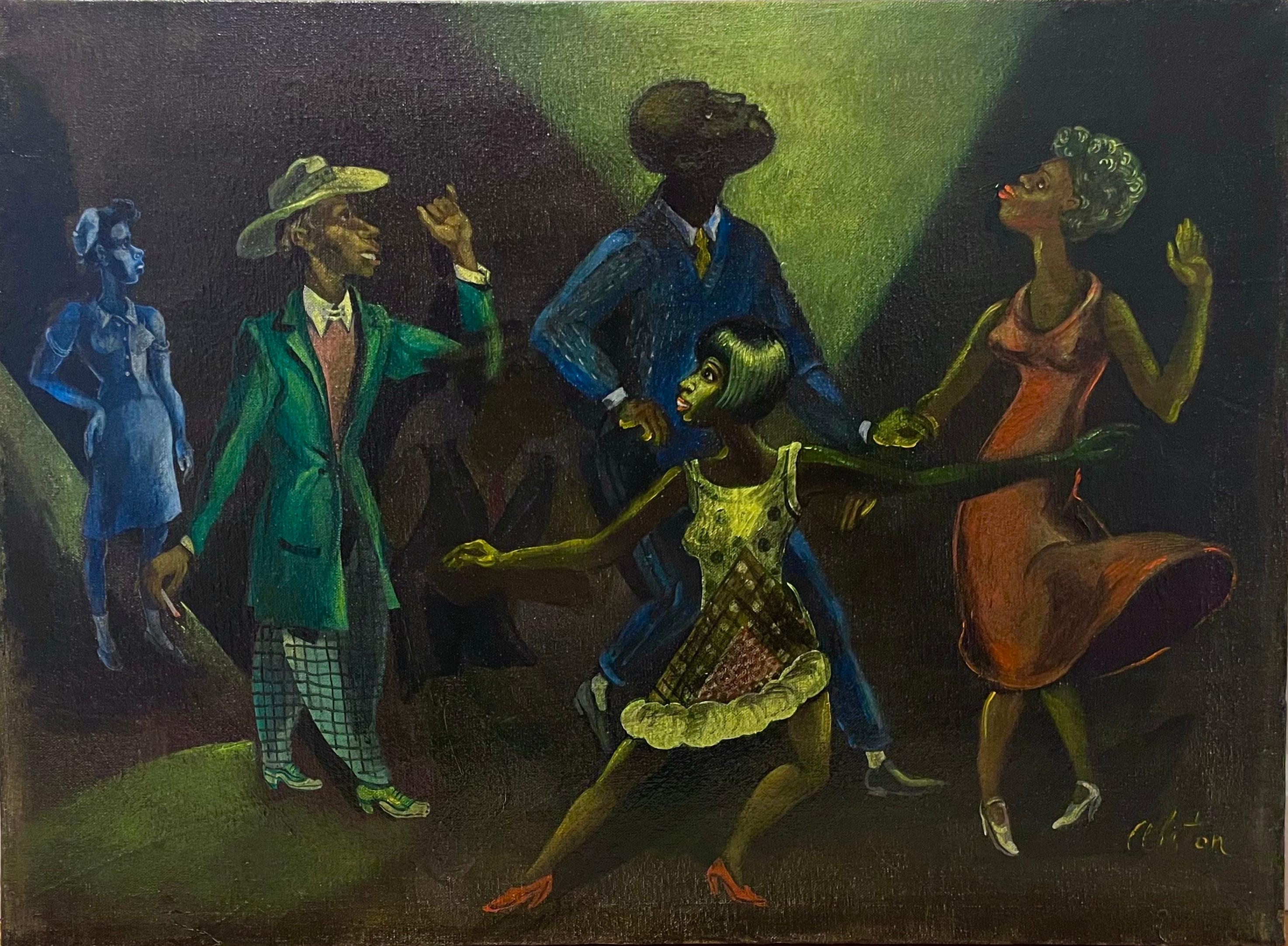 Interior Painting Charles Alston - Peinture signée « Alston » : Des personnages afro-américains noirs dans une salle de danse de Harlem