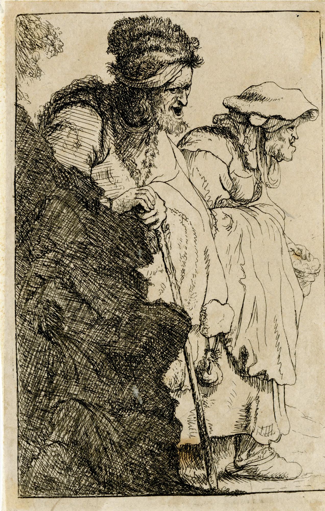 Hombre y mujer mendigos saliendo de detrás de un banco - según Rembrandt van Rijn