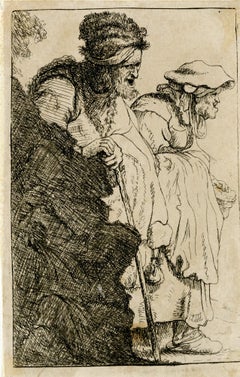 Hombre y mujer mendigos saliendo de detrás de un banco - según Rembrandt van Rijn
