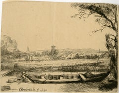 Canal con un gran barco y un puente - según Rembrandt van Rijn