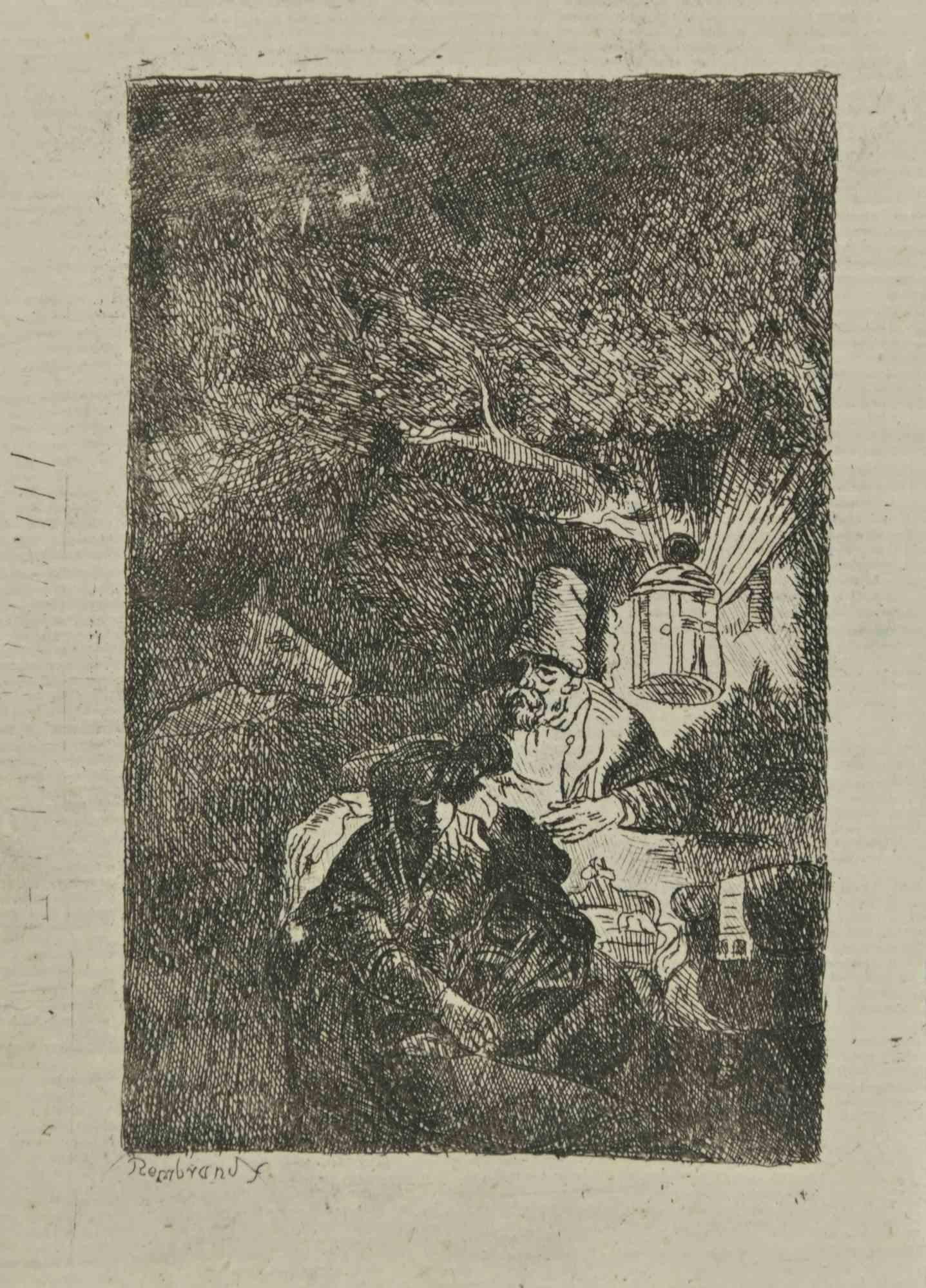 Charles Amand Durand Figurative Print – Rest am Flug nach Ägypten – Gravur nach Rembrandt – 19. Jahrhundert