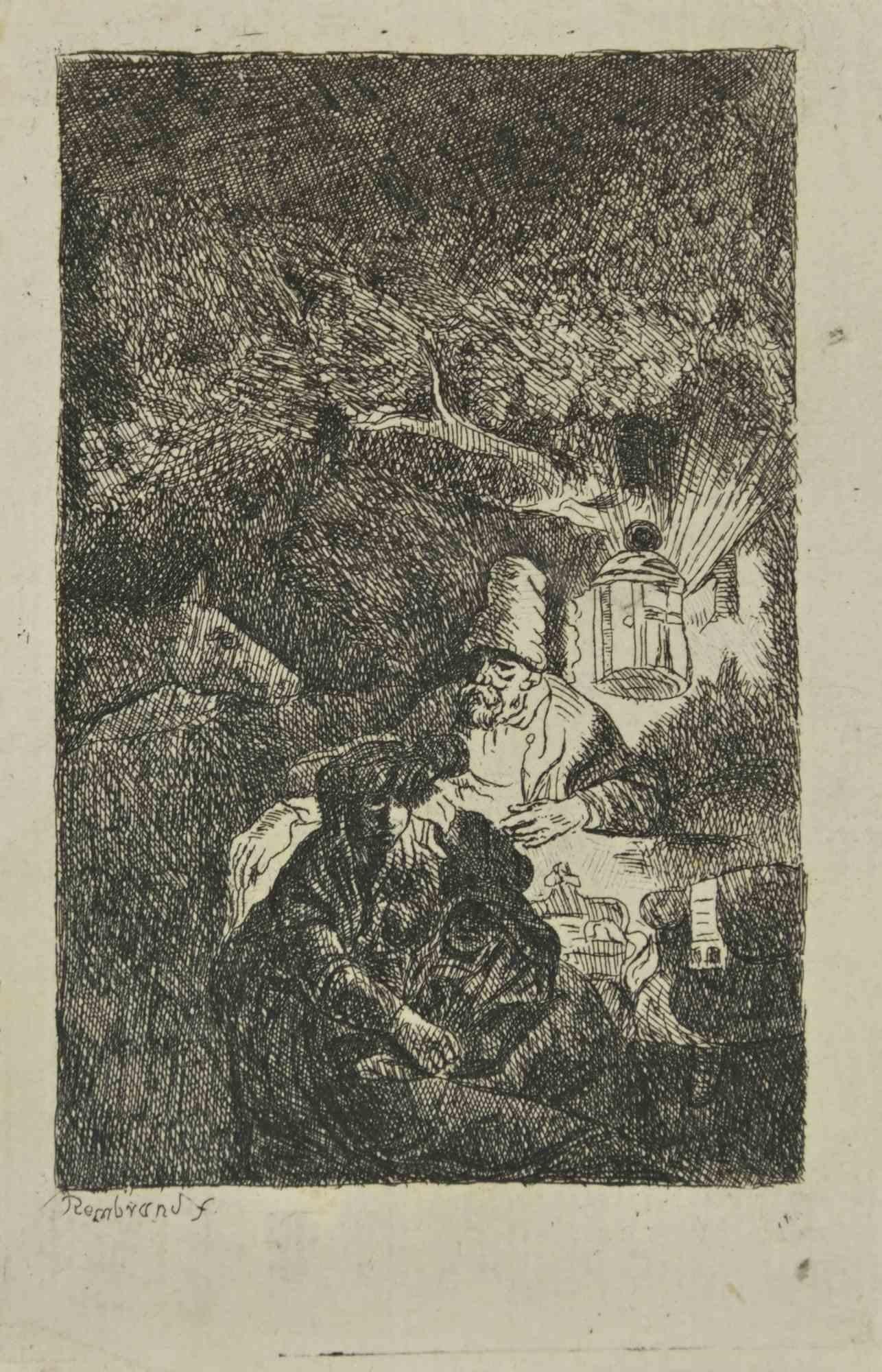 Charles Amand Durand Figurative Print - The Rest on the Flight into Egypt - Engraving after Rembrandt - 19th Century