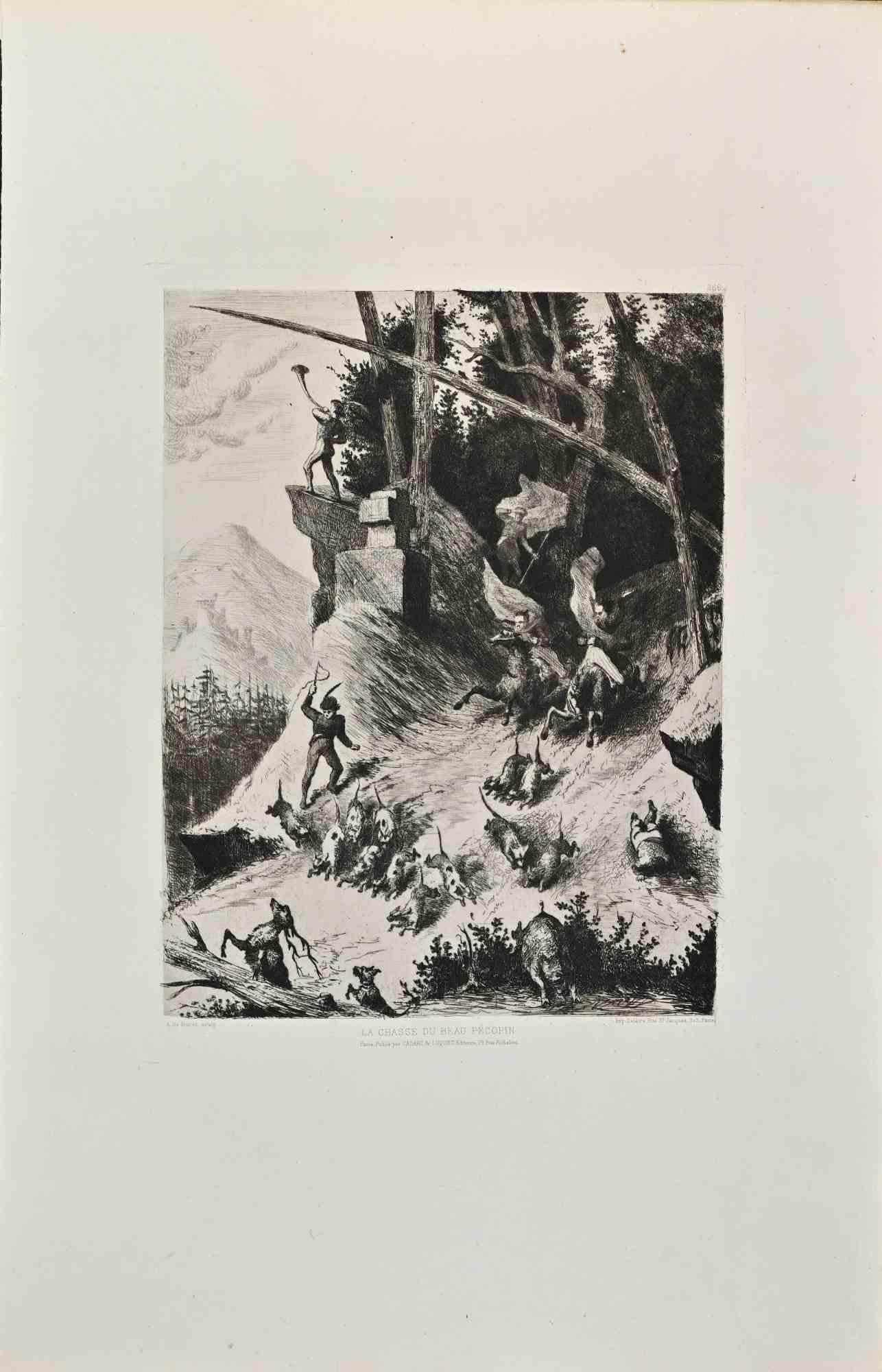 La chasse du Beau Pécopin is an artwork realized by Charles Amédée De Boret in the 1870s.

Etching.

Good conditions.

Realized for the "Société des Aquafortistes. Born on the initiative of the publisher Alfred Cadart, the Société des Aquafortistes