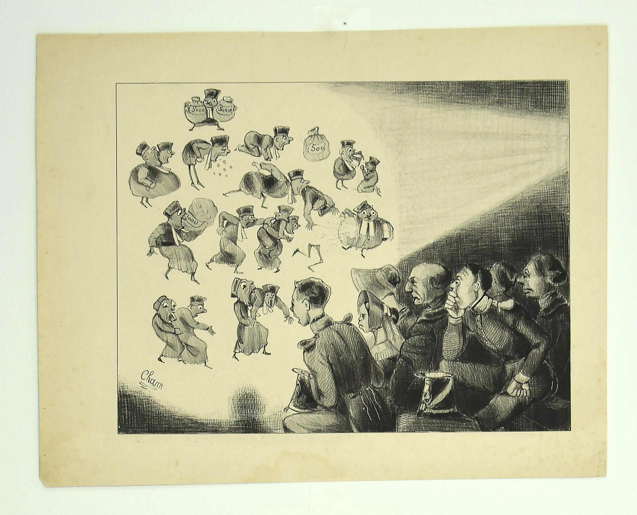Silente Cinema - Original Lithograph by Cham - Mid-19th Century - Print by Charles Amedee de Noe (CHAM)