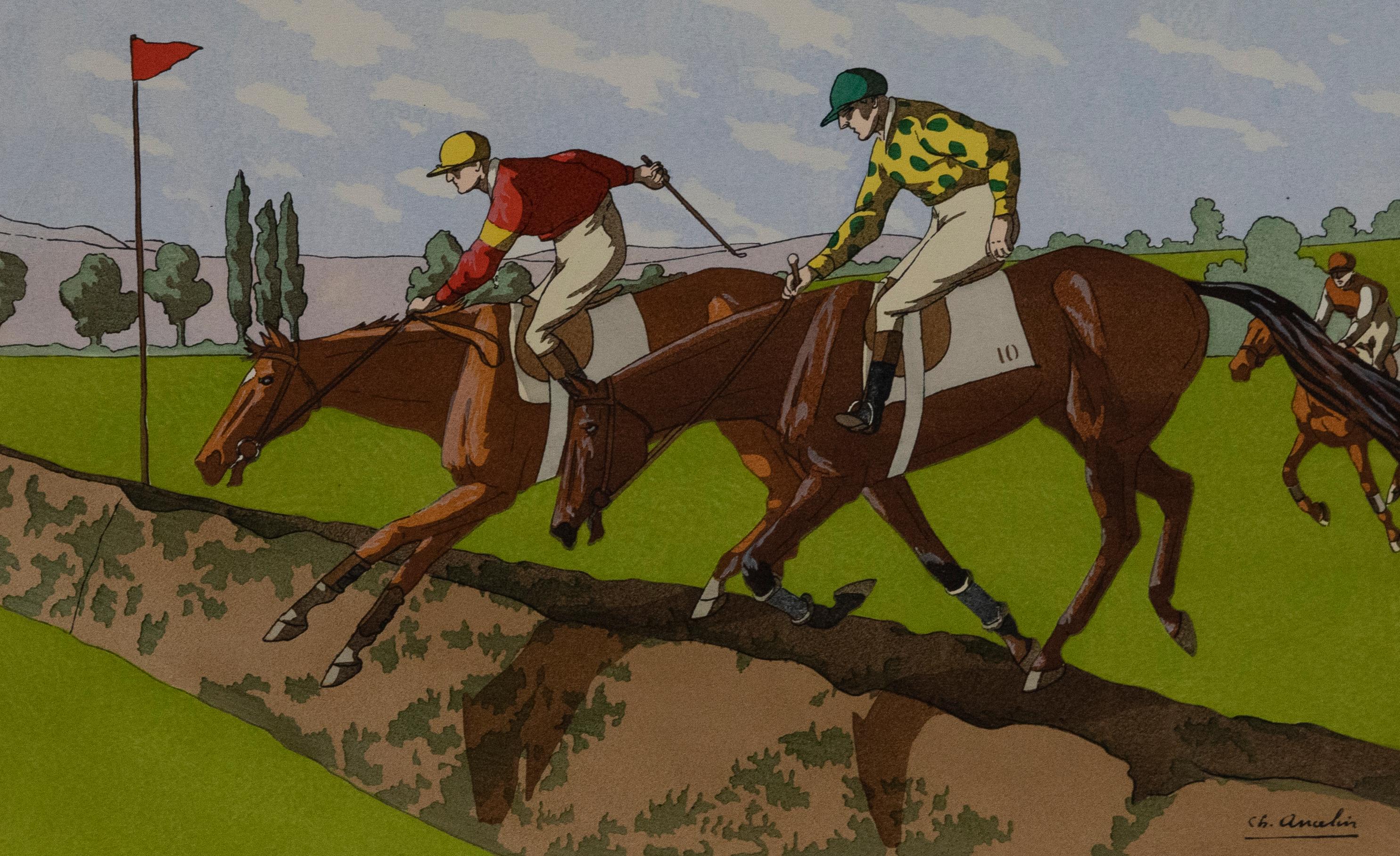 An exciting study of two race horses jumping a hedge. Both jocky's wear brightly coloured riding jumpers and look eminently stylish. Signed in plate. Inscribed in graphite to the lower edge with the print number in the series. Published Galerie