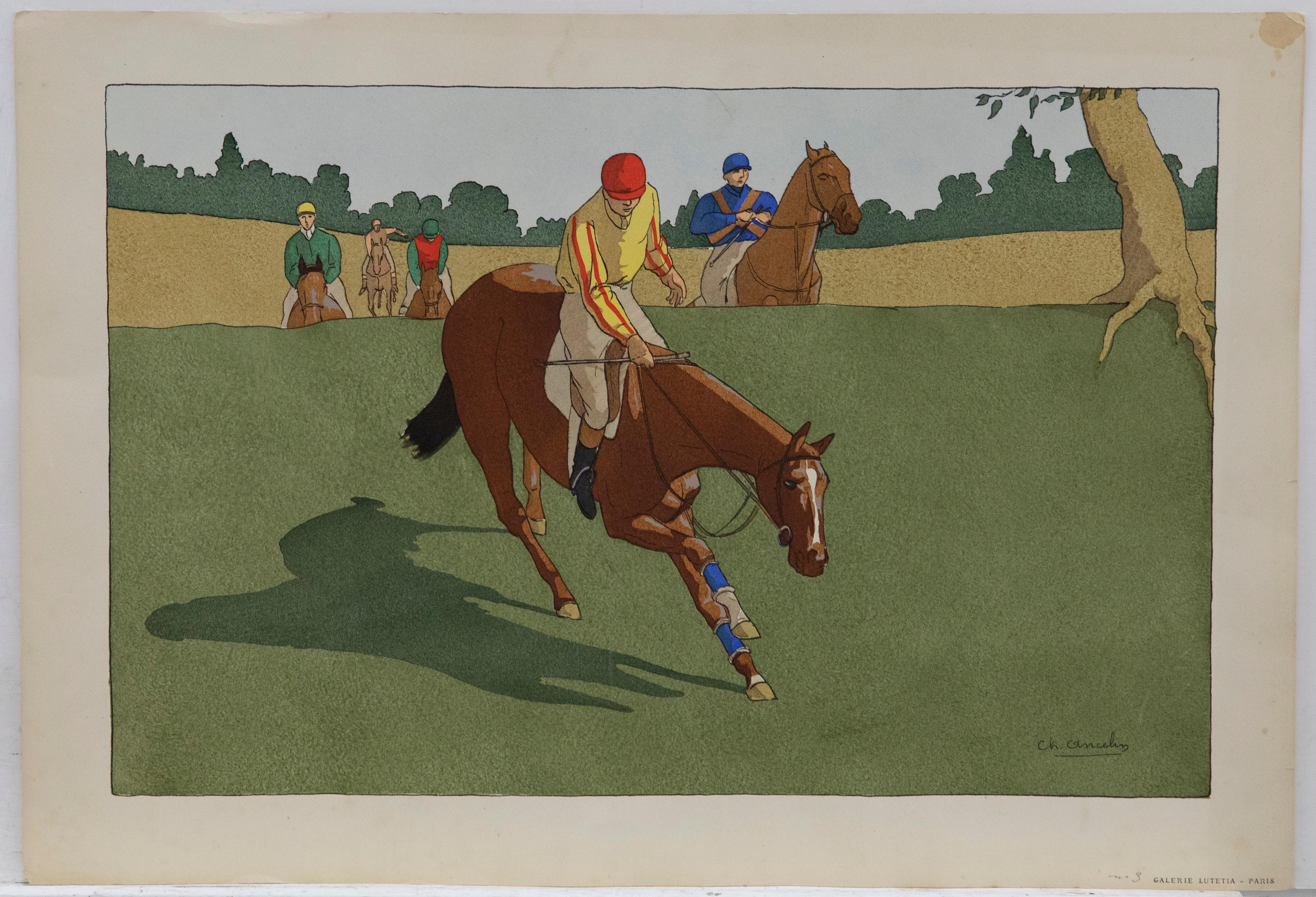 Charles Ancelin (1863-1940) - c.1925 Pochoir Print, Chevaux De Courses (No.3) For Sale 3