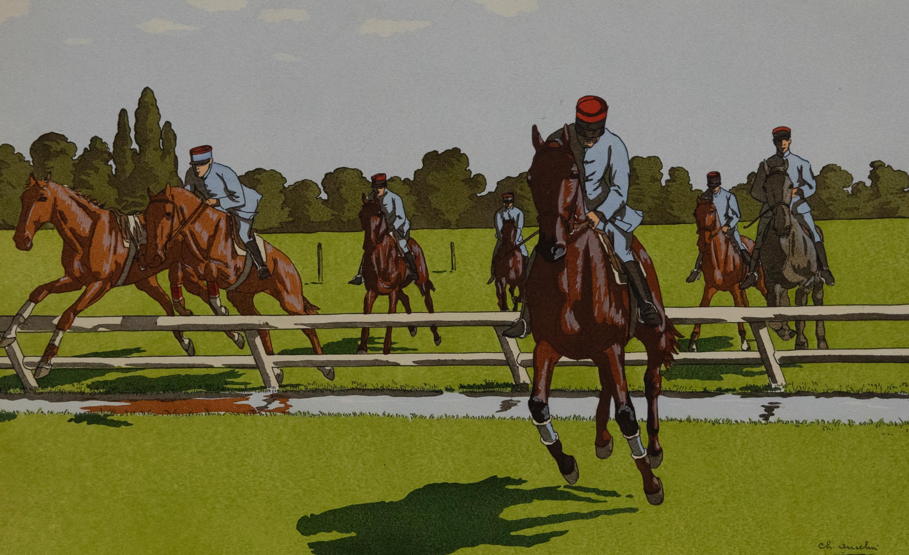 An exciting study of a horse race with riders jumping over a post. This fine hand-coloured Pochoir print is signed in plate and inscribed in graphite with the print number in the series. Published Galerie Lutetia. On paper.