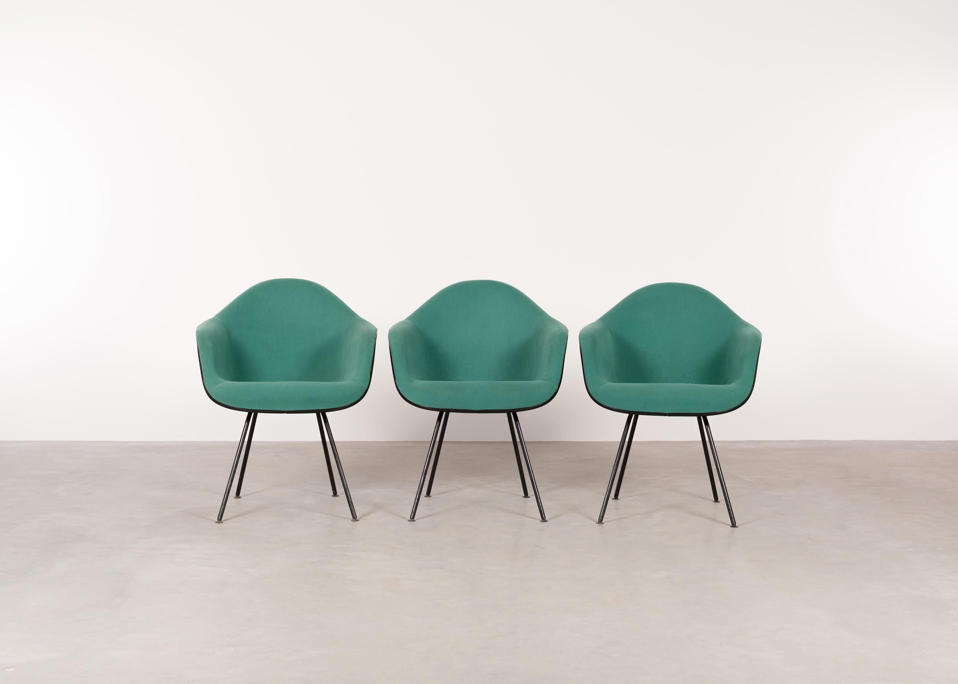 Mid-Century Modern Charles and Ray Eames Black DAX Dining Chairs with Green Fabric by Vitra