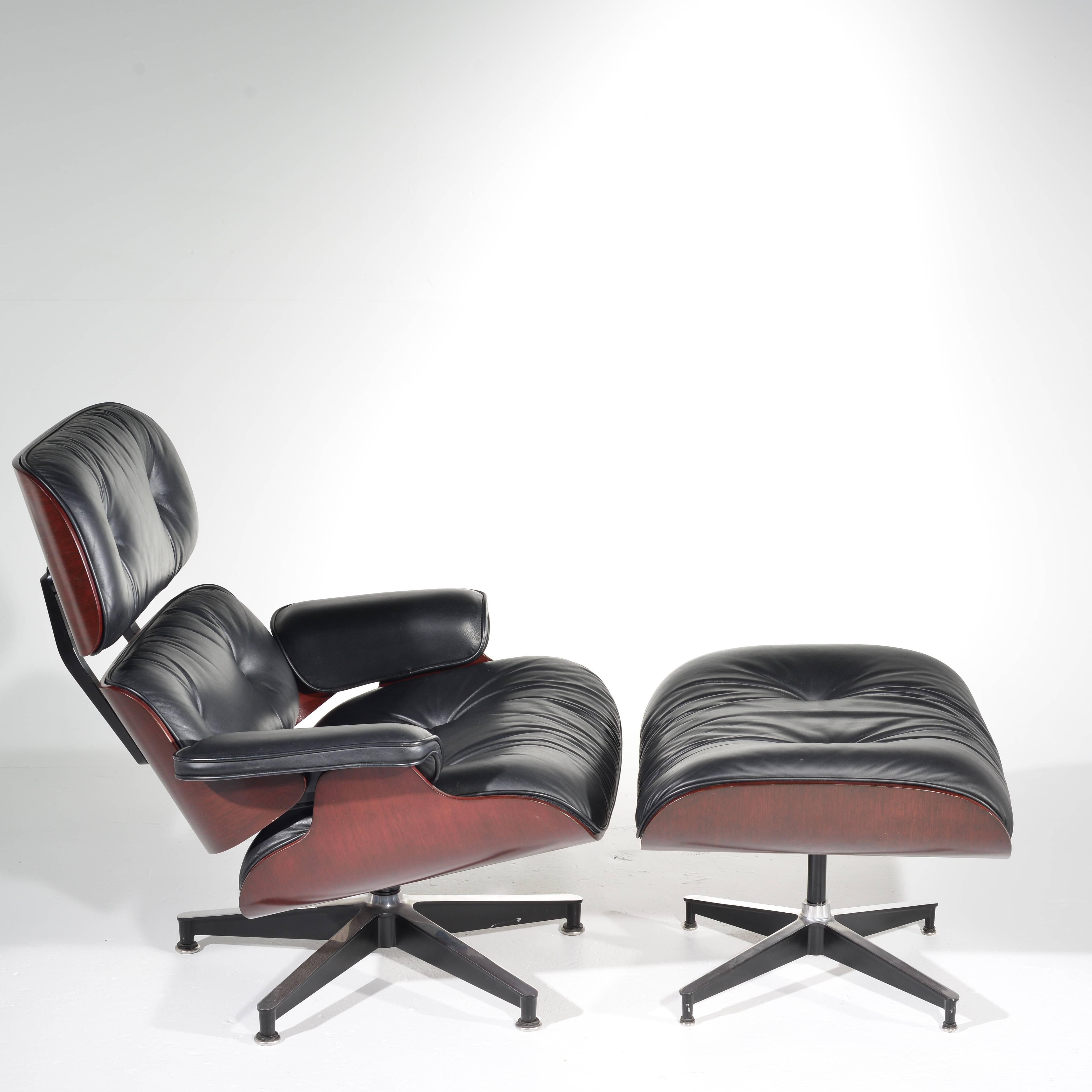 American Charles and Ray Eames Cherry and Leather 670 Lounge Chair and 671 Ottoman