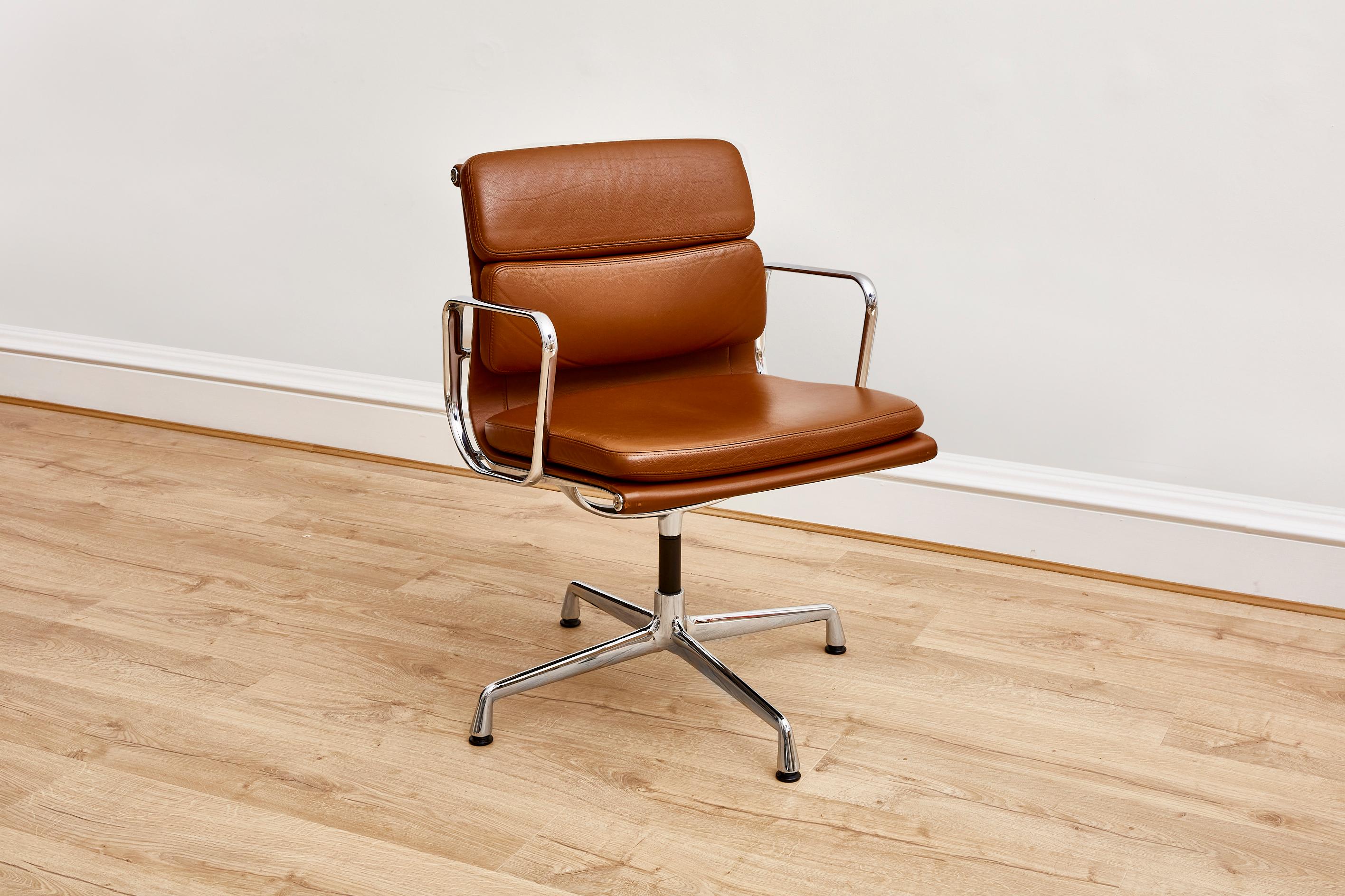 Mid-Century Modern Charles and Ray Eames EA 208 Brown Leather Soft Pad Office Chair by Vitra