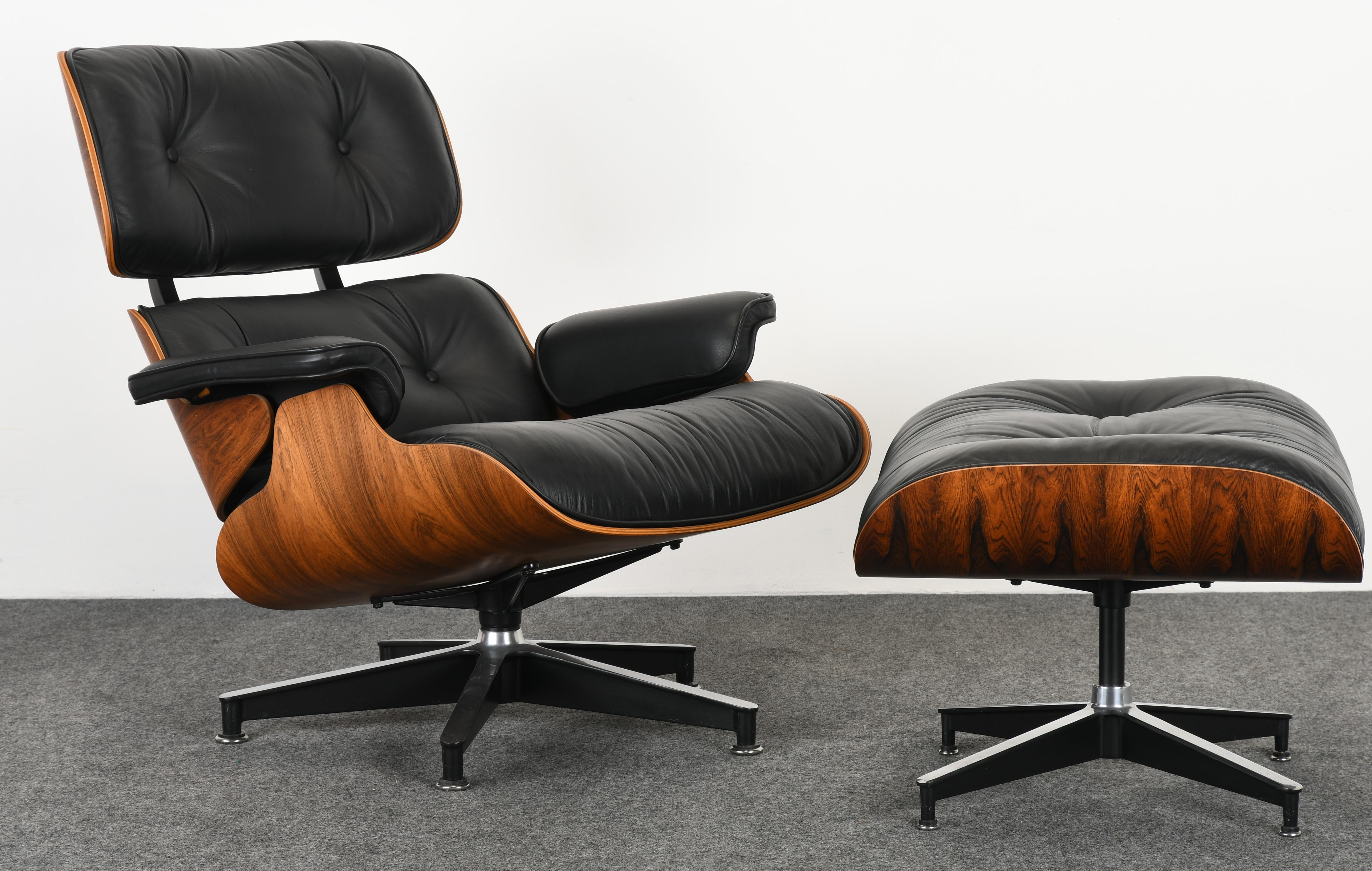 A rare find! This is a 3rd generation Eames chair 670 and ottoman 671 in rosewood and original leather. Each Eames lounge chair is handcrafted and no two are alike. The rosewood and leather are in excellent vintage condition with age-appropriate