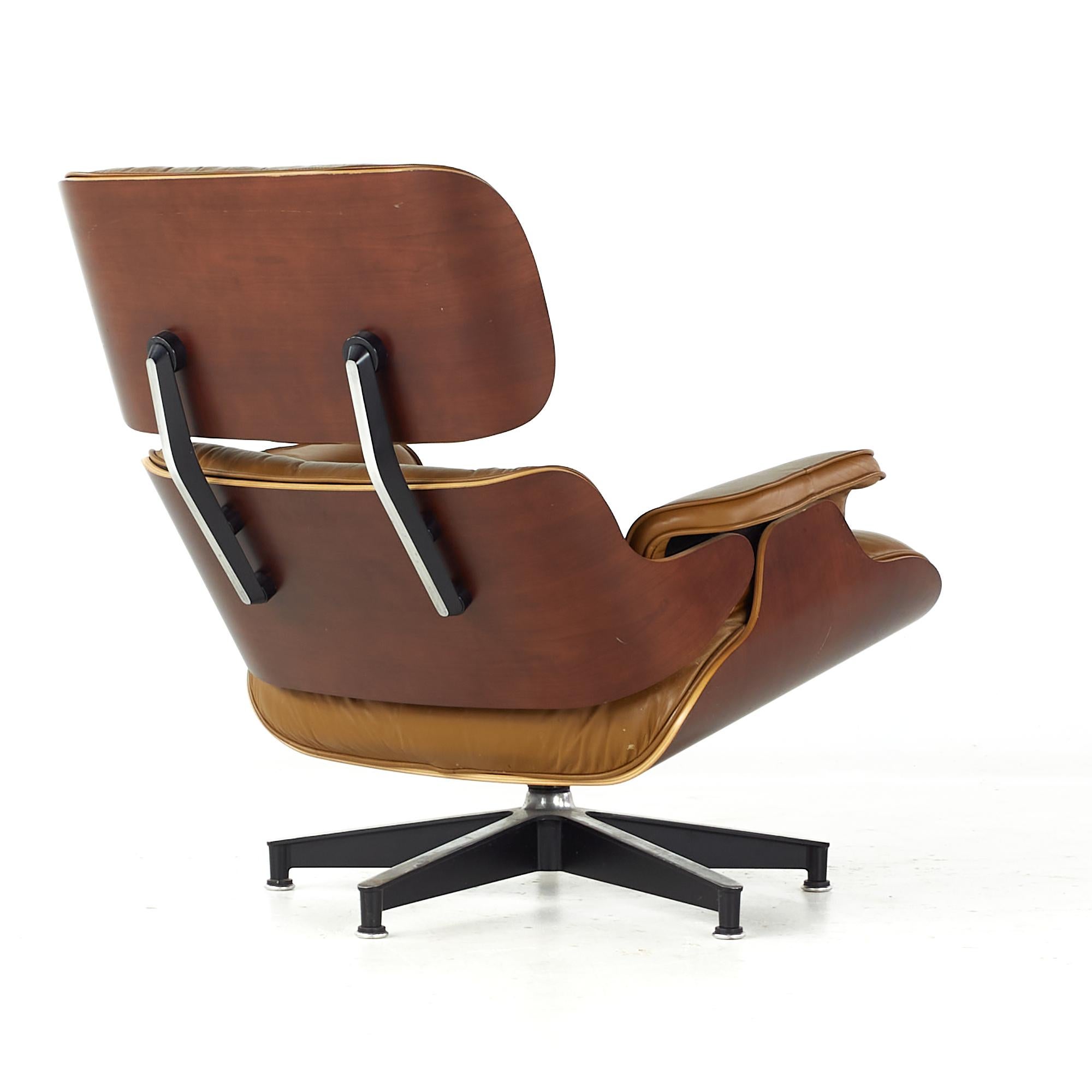 Upholstery Charles and Ray Eames Midcentury Cherry Lounge Chair and Ottoman For Sale
