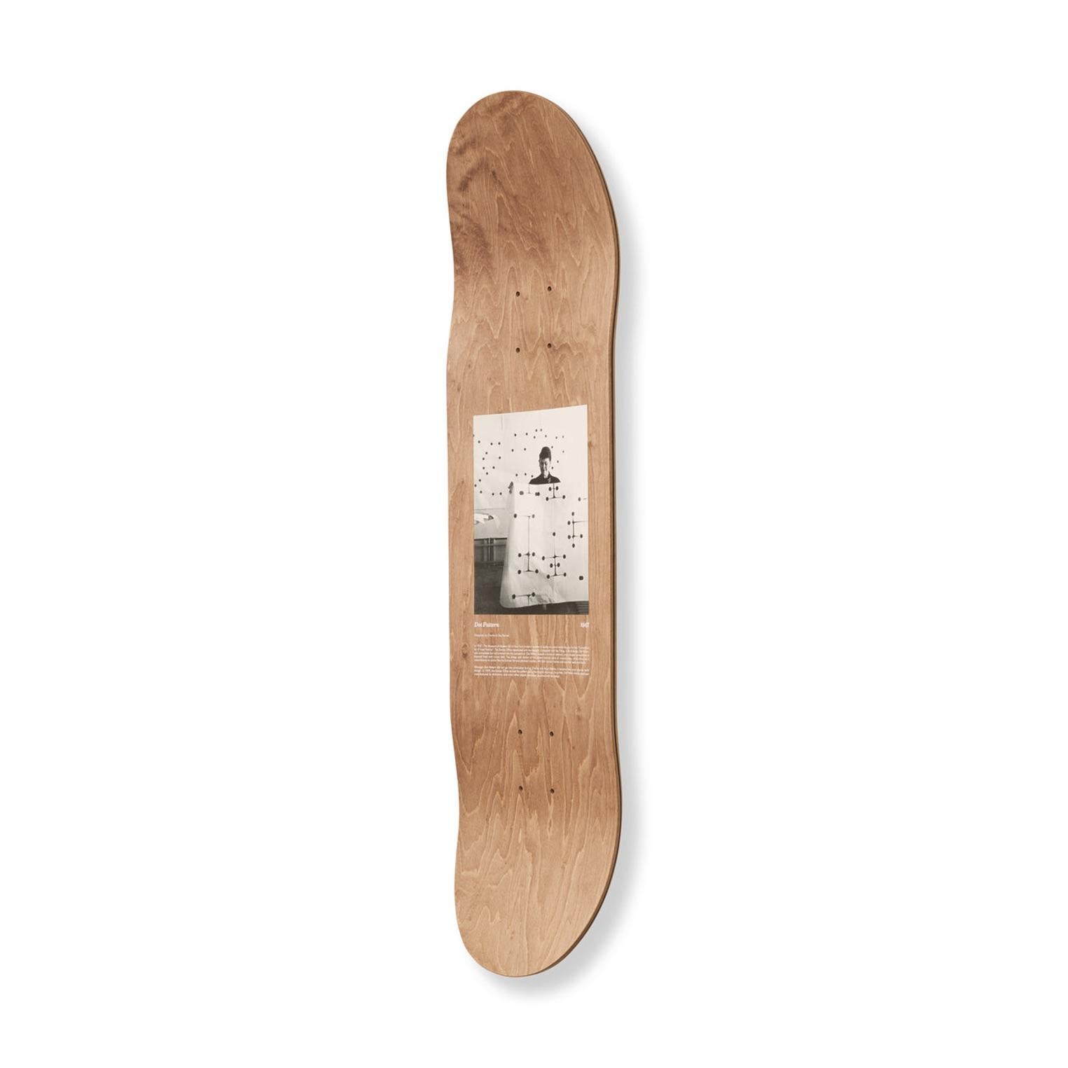 Charles and Ray Eames
Dot Pattern Skateboard Deck, 2023
Maple wood. Raised-ink print of Dot Pattern on bottom with a dark maple veneer and archival print on top.
31 1/2 × 7 9/10 in  80 × 20 cm