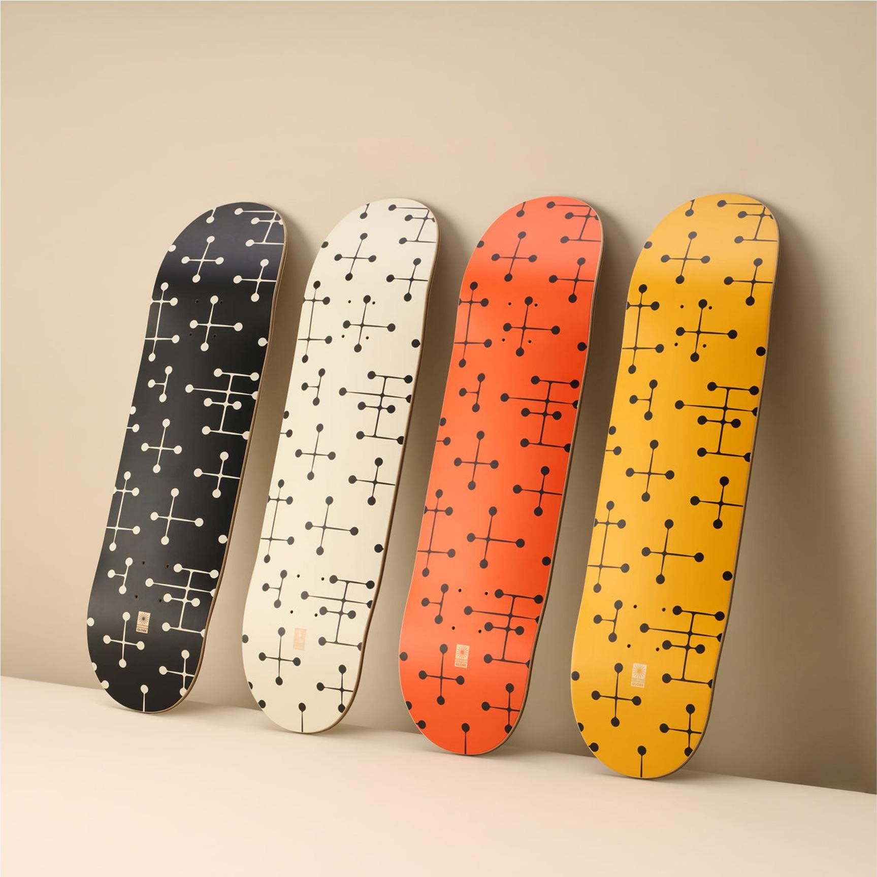 Charles and Ray Eames
Dot Pattern Skateboard Deck, 2023
Maple wood. Raised-ink print of Dot Pattern on bottom with a dark maple veneer and archival print on top.
31 1/2 × 7 9/10 in  80 × 20 cm