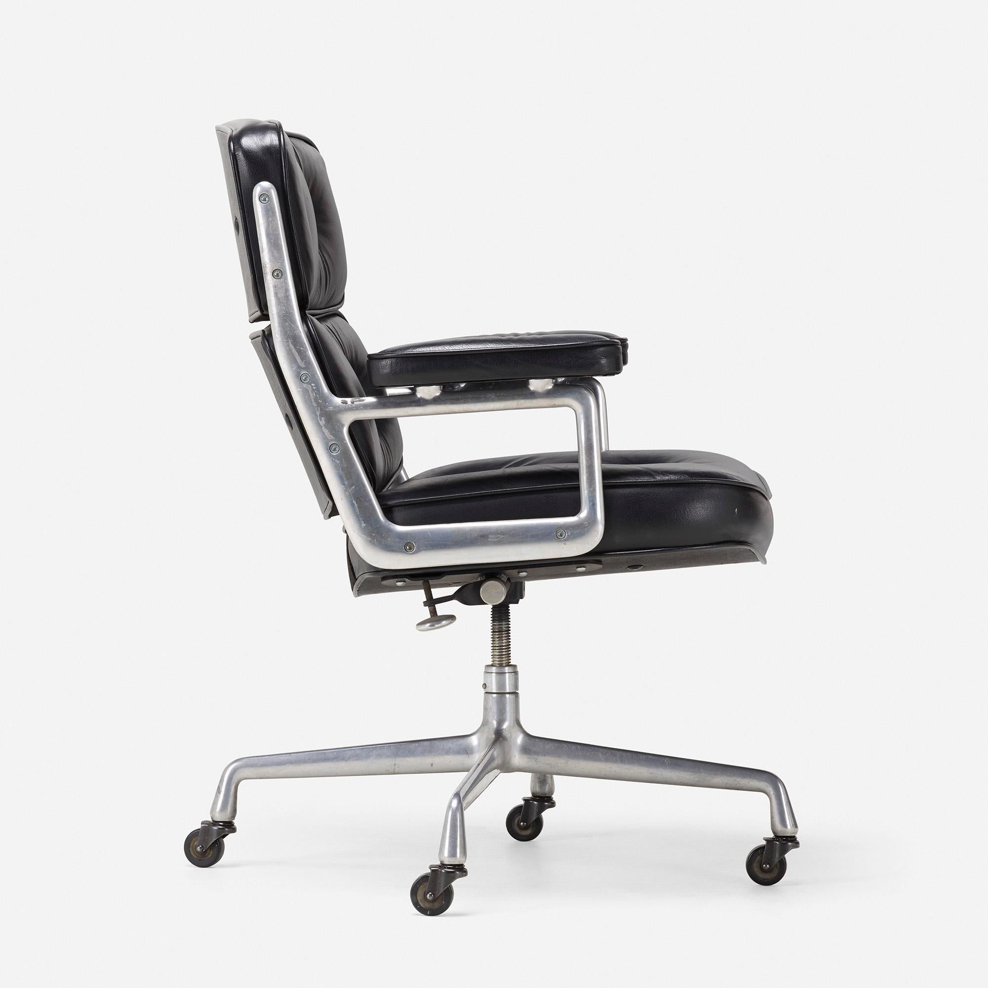 Made by: Herman Miller, USA, 1960 / c. 1990

Material: leather, aluminum, casters

Size: 27 W × 26.5 D × 37 H in

Description: Manufacturer's label to underside ‘Herman Miller’.