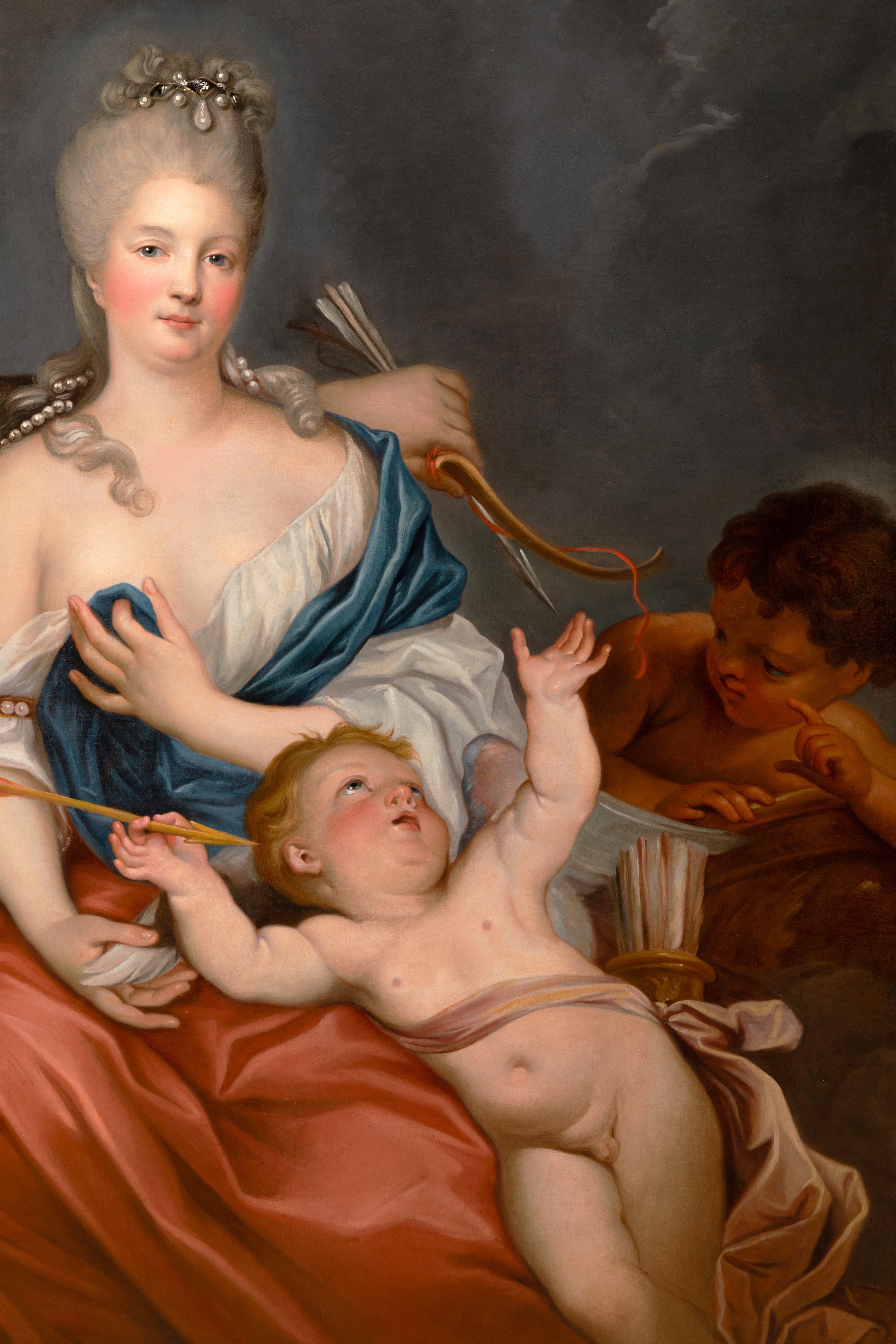 Portrait of a lady as Venus disarming Cupid,
circle of Charles Andre Van Loo (1706-1765)
18th century French school
Large and imposing allegorical portrait of a younglady depicted as Venus surrounded by servants and cherubs.
Staged in the heavens,