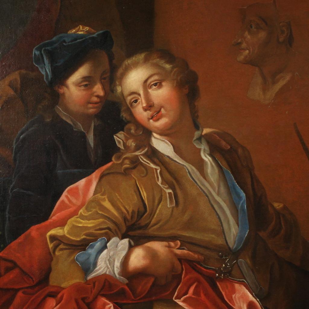 18th Century Oil on Canvas French Signed Painting Painter Studio, 1750 For Sale 8
