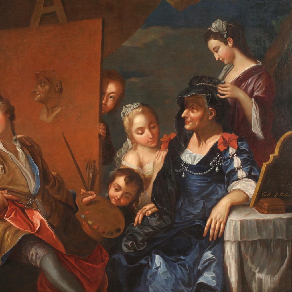 Splendid 18th century French painting. Oil on canvas artwork depicting a scene of great charm, the painter's studio. Painting signed on the lower right by the famous Charles-André Van Loo (1705-1765). Born into a family of painters of Dutch origin,
