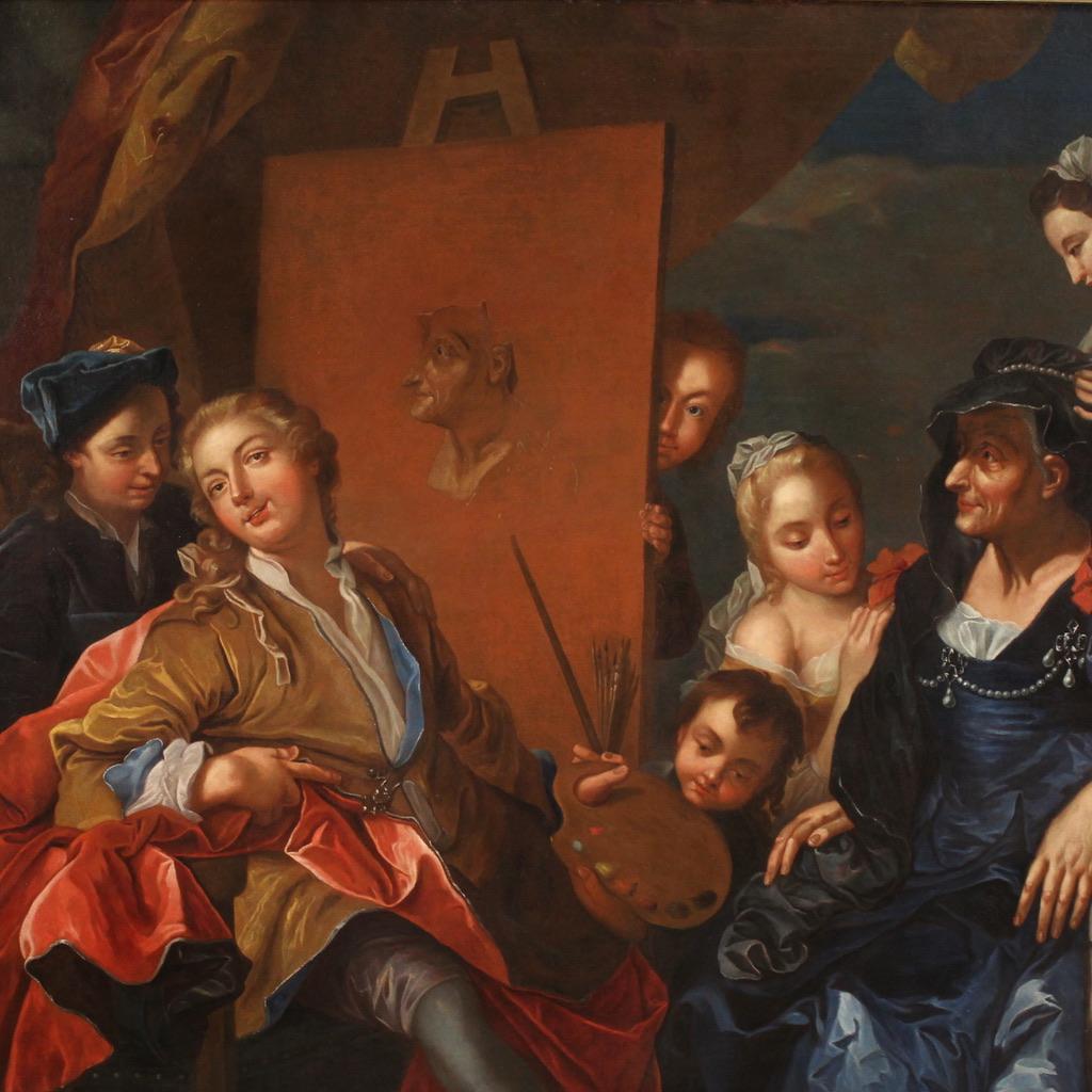 18th Century Oil on Canvas French Signed Painting Painter Studio, 1750 For Sale 2