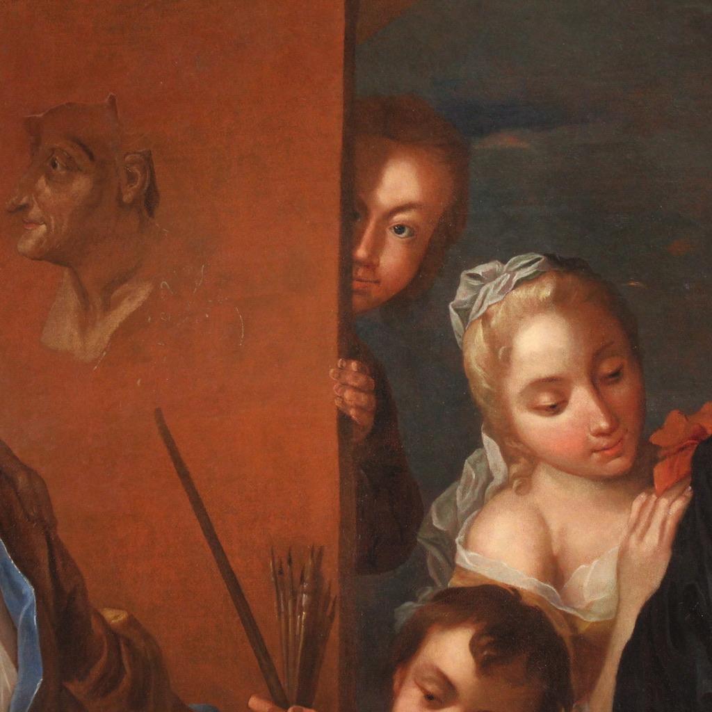 18th Century Oil on Canvas French Signed Painting Painter Studio, 1750 For Sale 3