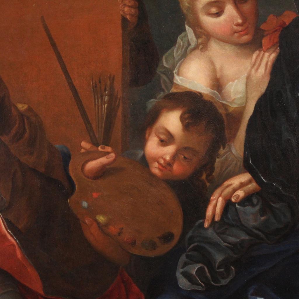 18th Century Oil on Canvas French Signed Painting Painter Studio, 1750 For Sale 6