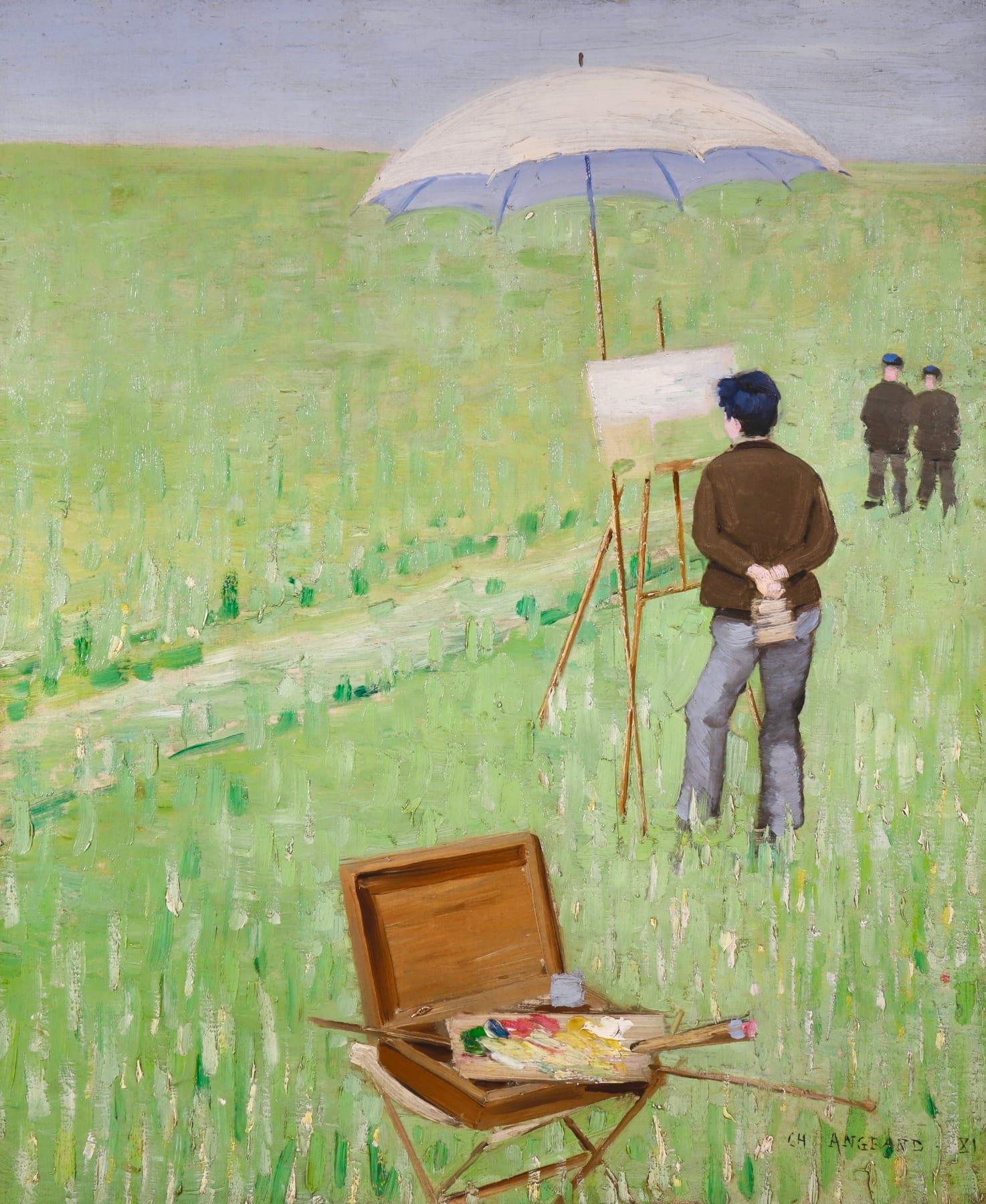 Gemälde en plein air - Impressionistische Figur in Landschaft, Öl von Charles Angrand im Angebot 1