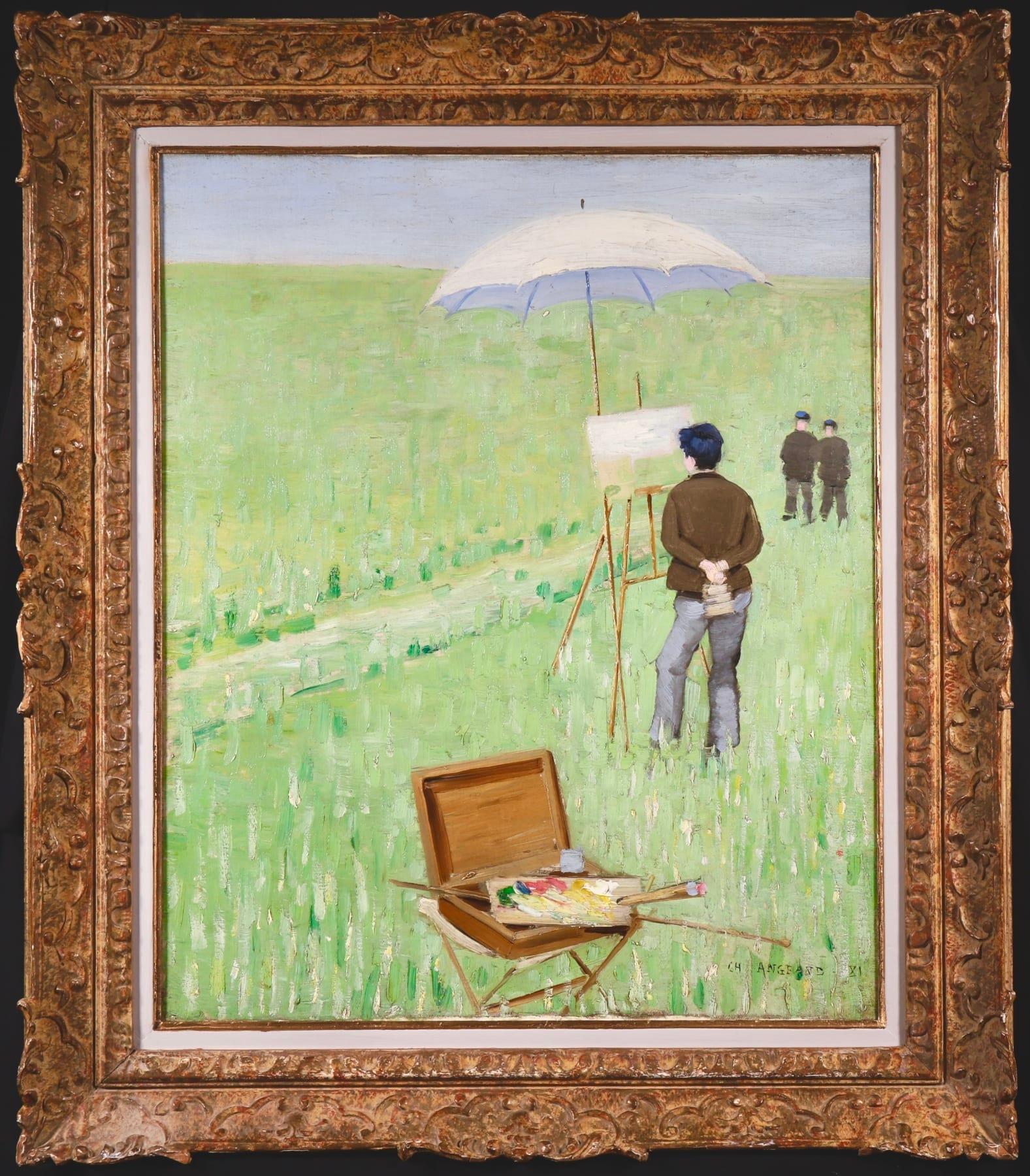 Signed and dated oil on canvas by French impressionist painter Charles Theophile Angrand. This wonderful and good-sized piece depicts an artist painting "en plain air" in a beautiful green meadow with blue skies beyond while two men look on. The