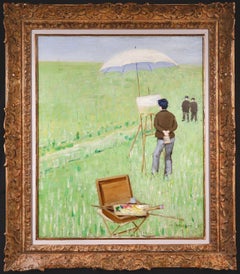 Antique Painting en plein air - Impressionist Figure in Landscape Oil by Charles Angrand