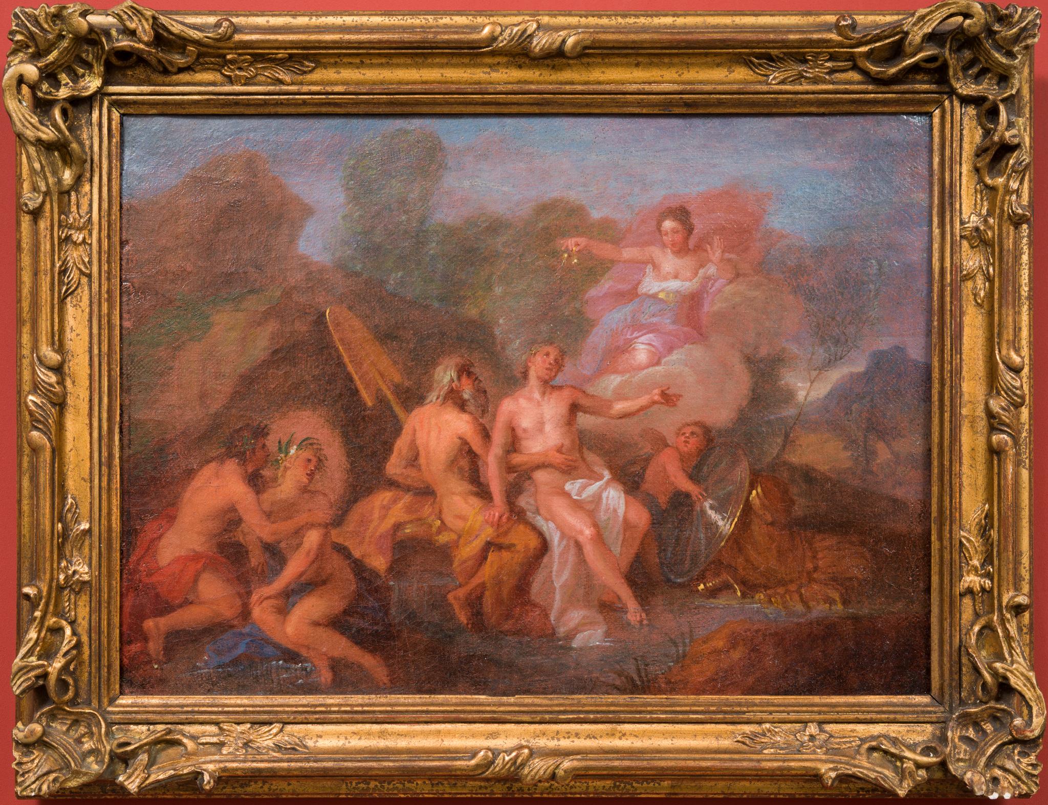 Dieses exquisite Gemälde, das dem Umkreis von Charles Antoine Coypel zugeschrieben wird, zeigt eine mythologische Szene. Obwohl der Künstler nicht bekannt ist, erinnert das Werk deutlich an den Stil des frühen 18. Jahrhunderts, mit weichen,