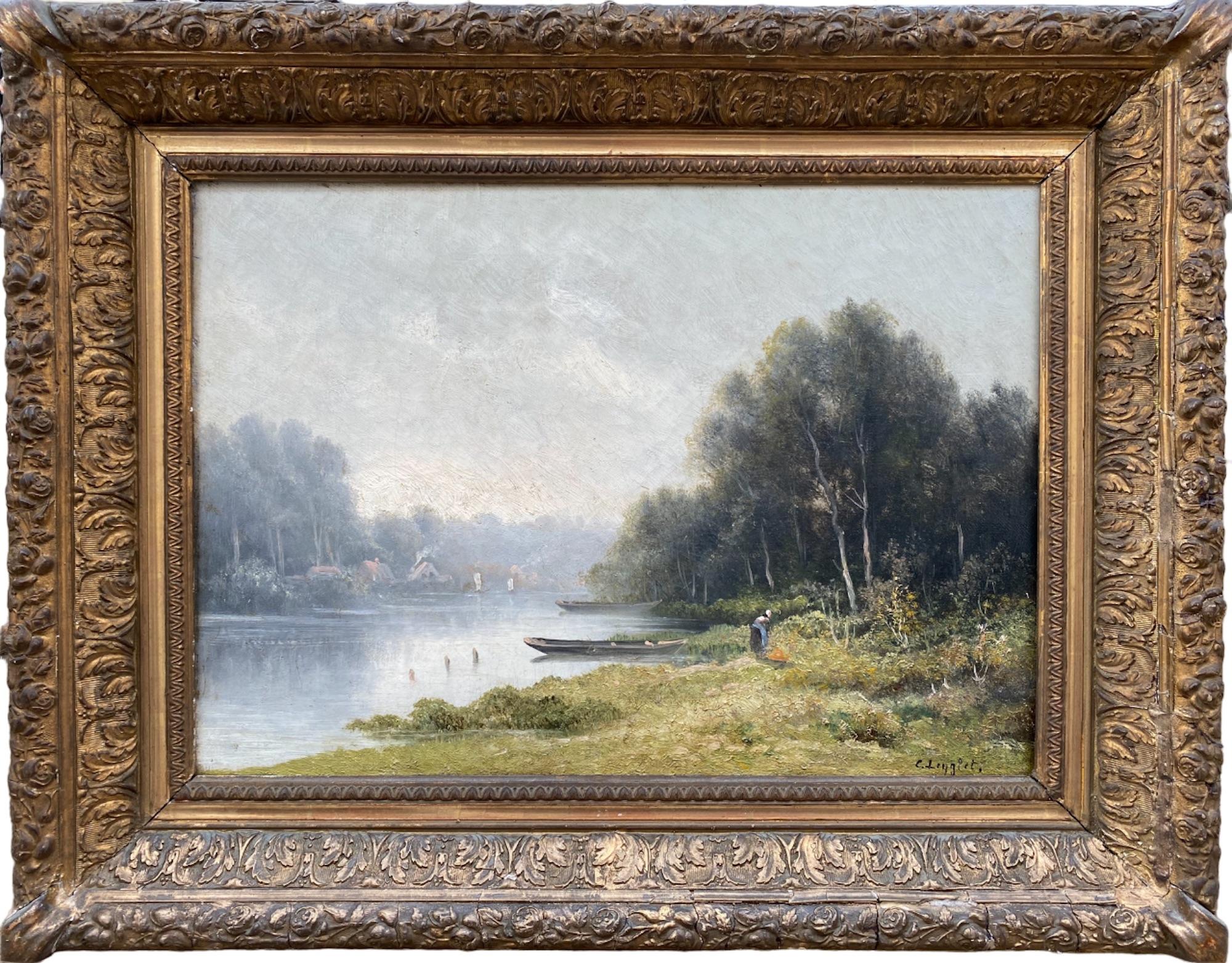 Charles Antoine Lenglet Landscape Painting - Barbizon landscape French 19th Century painting mist on the river in spring