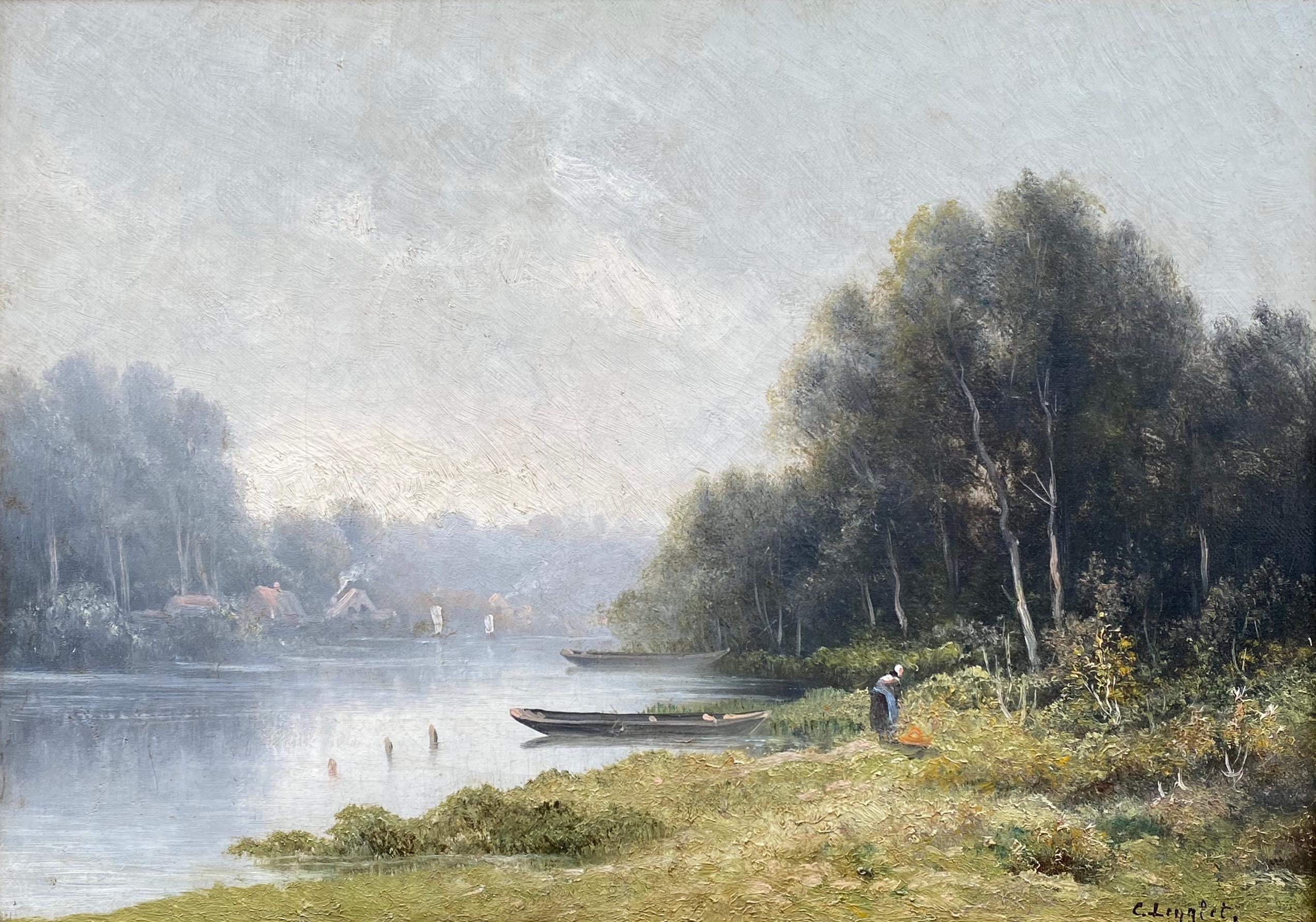 Barbizon landscape French 19th Century painting mist on the river in spring - Painting by Charles Antoine Lenglet