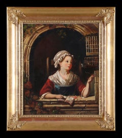 Óleo antiguo enmarcado: "Una niña dando cerezas a los pájaros" de C. Annee