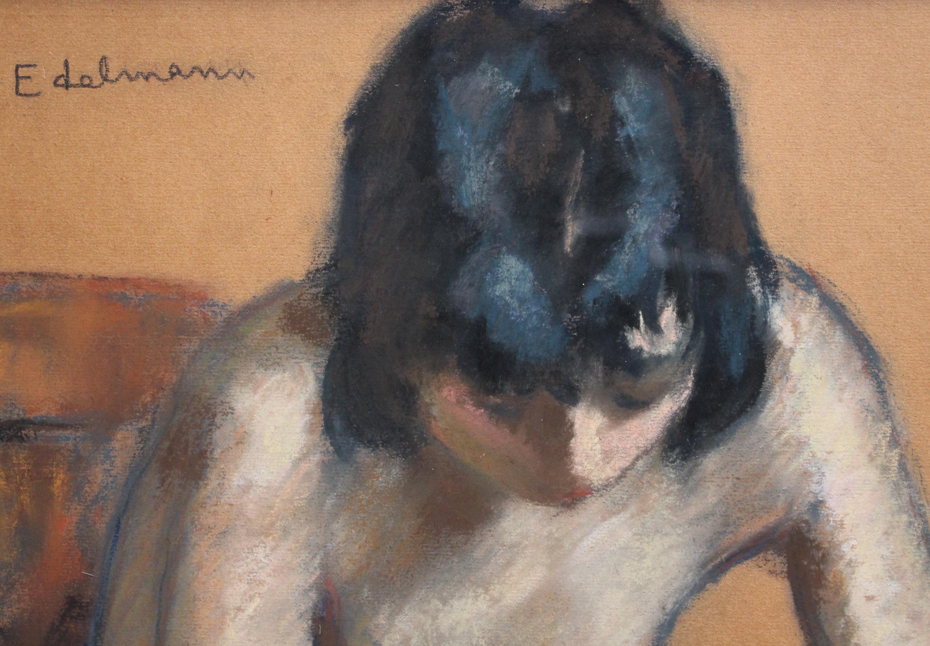 'Modern Urban Woman in Nude', pastel on coloured fine art paper, (circa 1930s), by Charles Auguste Edelmann (1879 - 1950). The quality of this work and skill of the artist is unquestionable. The painting depicts a woman having just returned home