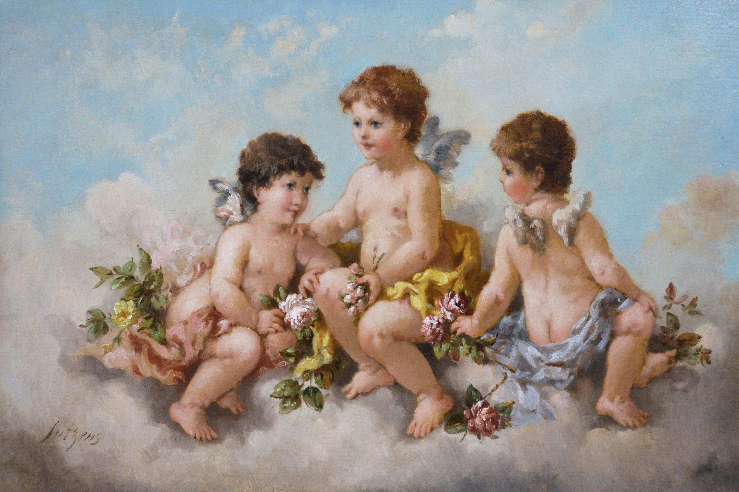 19th Century genre oil painting of cherubs with flowers  - Painting by Charles Augustus Henry Lutyens