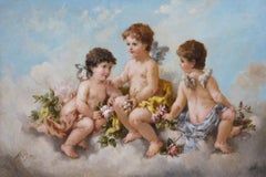 19th Century genre oil painting of cherubs with flowers