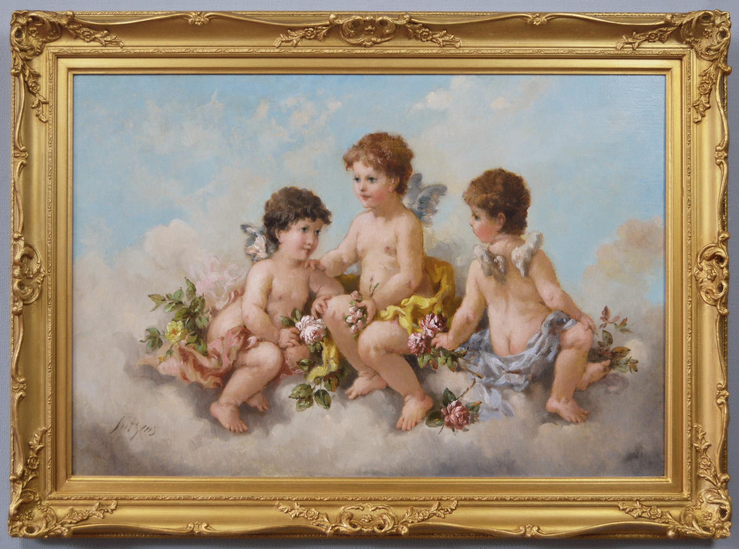 19th Century genre oil painting of cherubs with flowers 