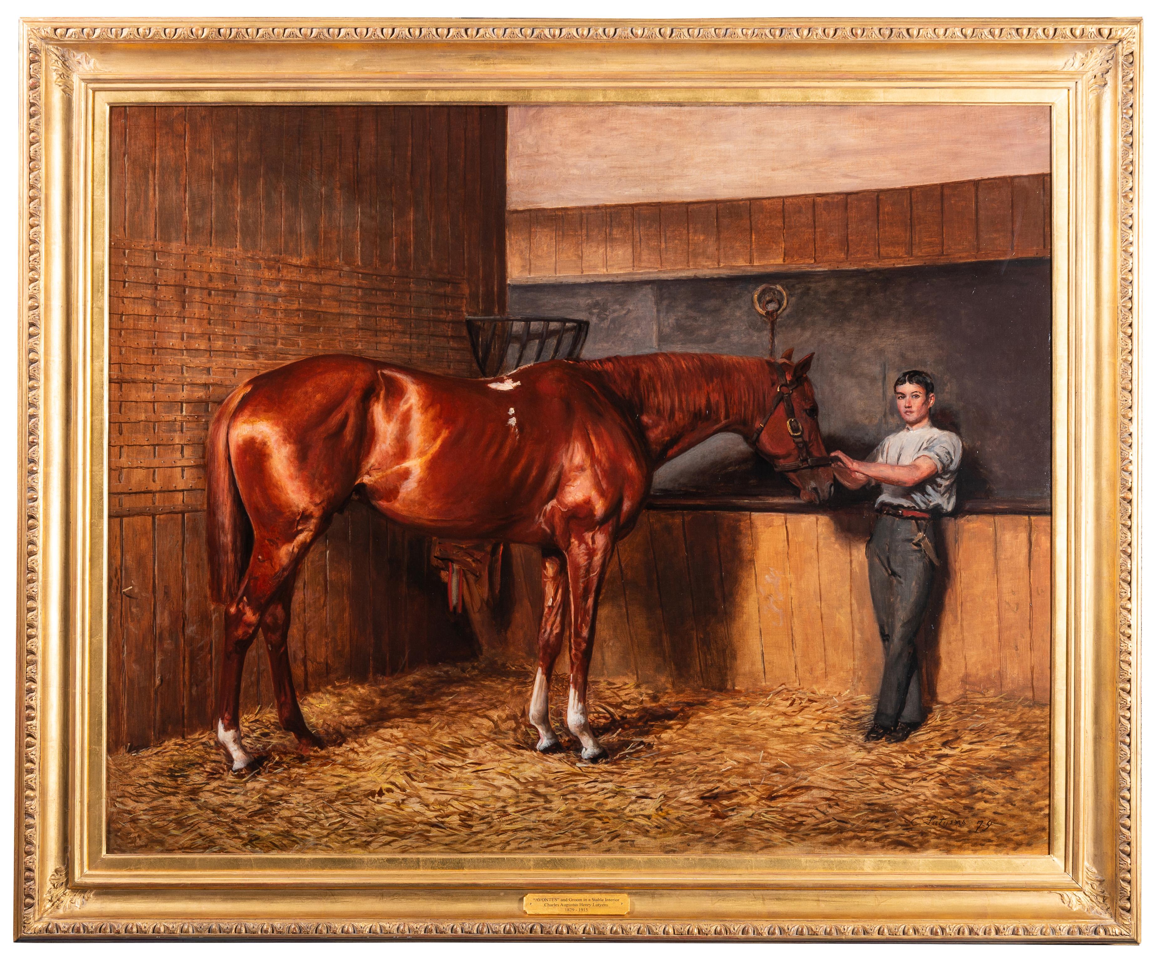 Animal Painting di Charles Augustus Henry Lutyens - Avontes", uno stallone baio con un groom all'interno di una stalla