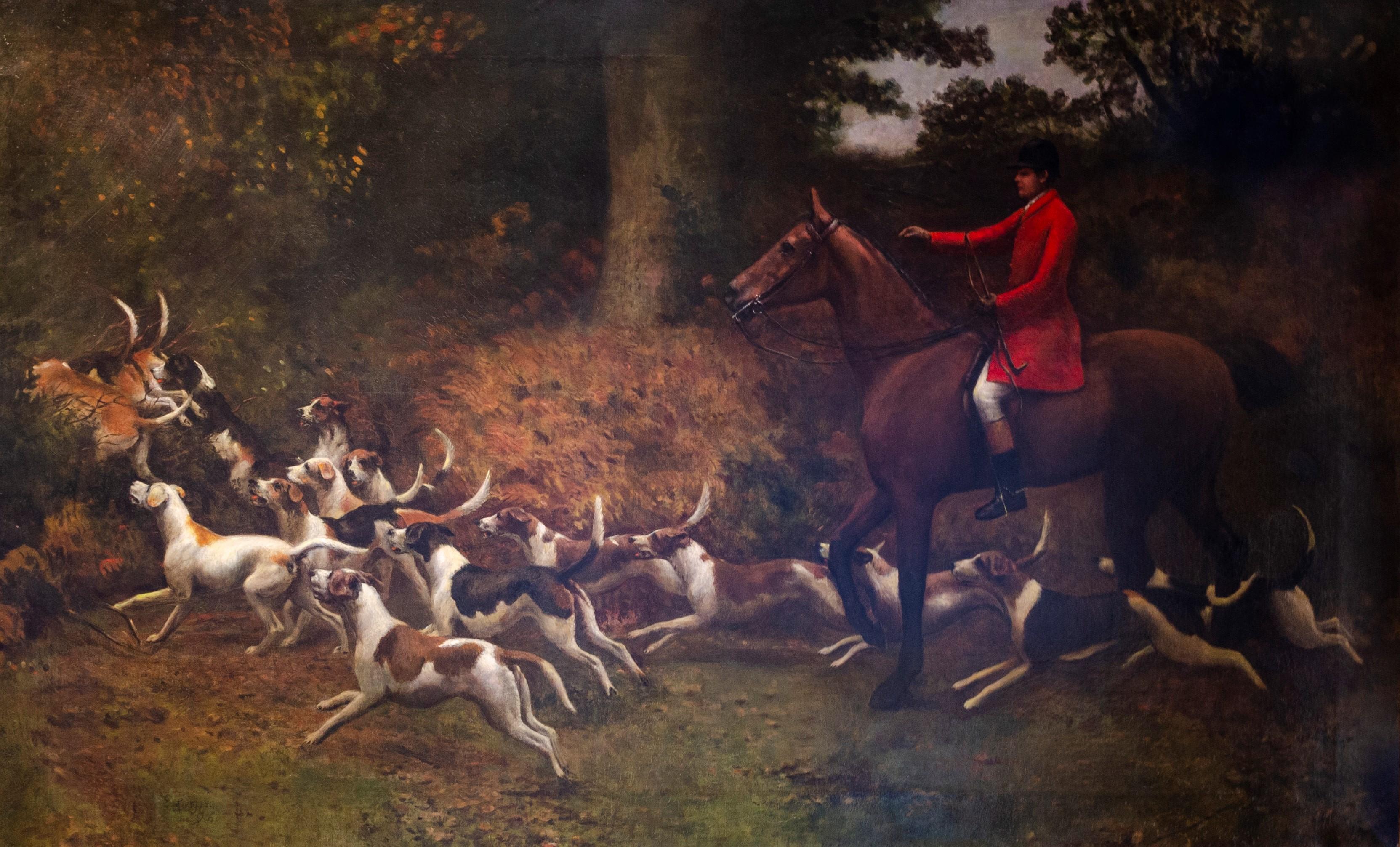 Enorme britische Sportpferde und Hunde auf der Jagd, Ölgemälde des 19. Jahrhunderts – Painting von Charles Augustus Henry Lutyens