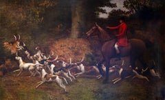 Enormous 19th Century British Sporting Horses & Hounds Hunting Oil Painting