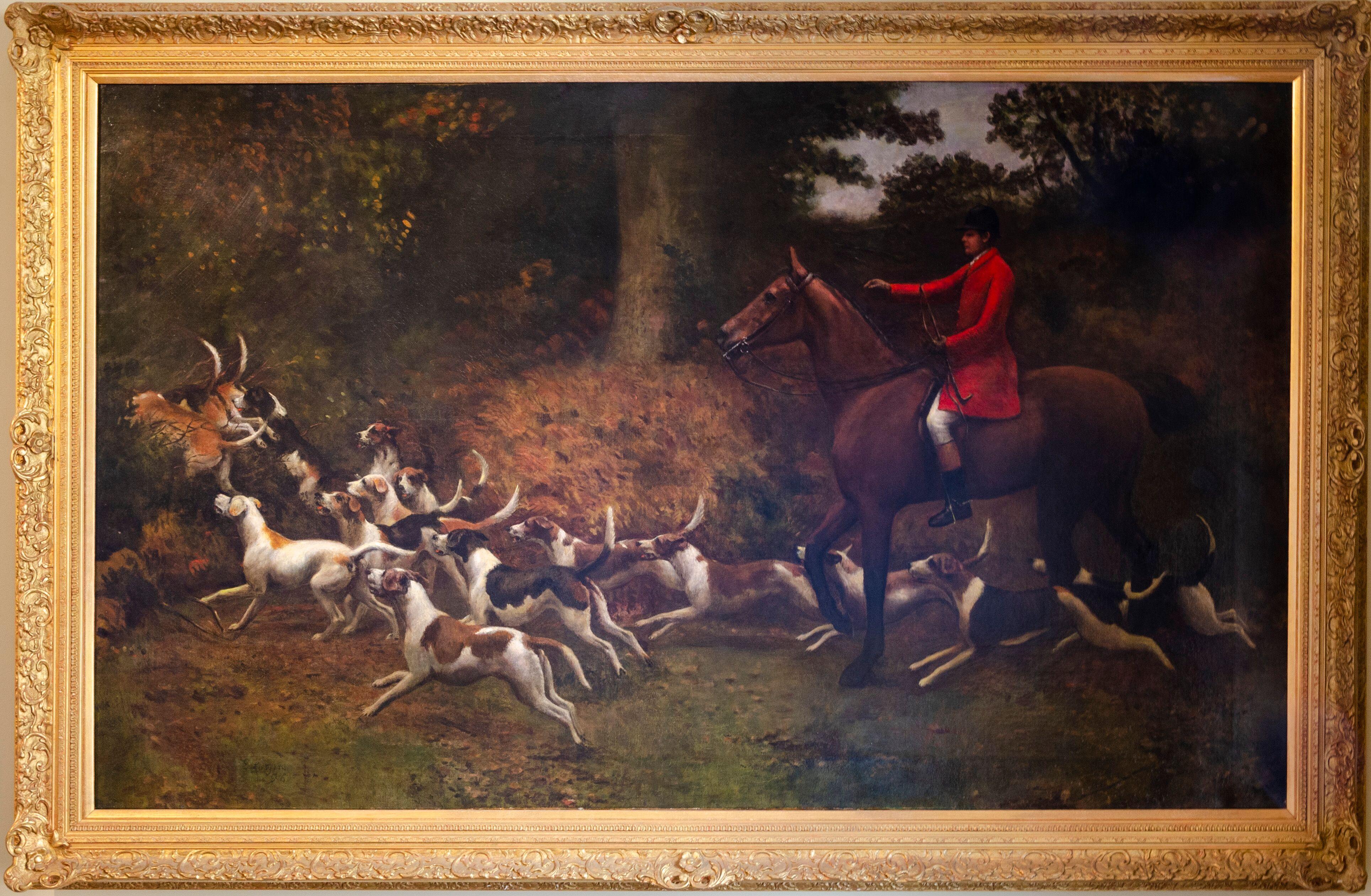 Énorme peinture à l'huile britannique du 19e siècle représentant des chevaux et des chiens de chasse