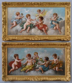 Pair of 19th Century genre oil paintings of cherubs with doves & flowers