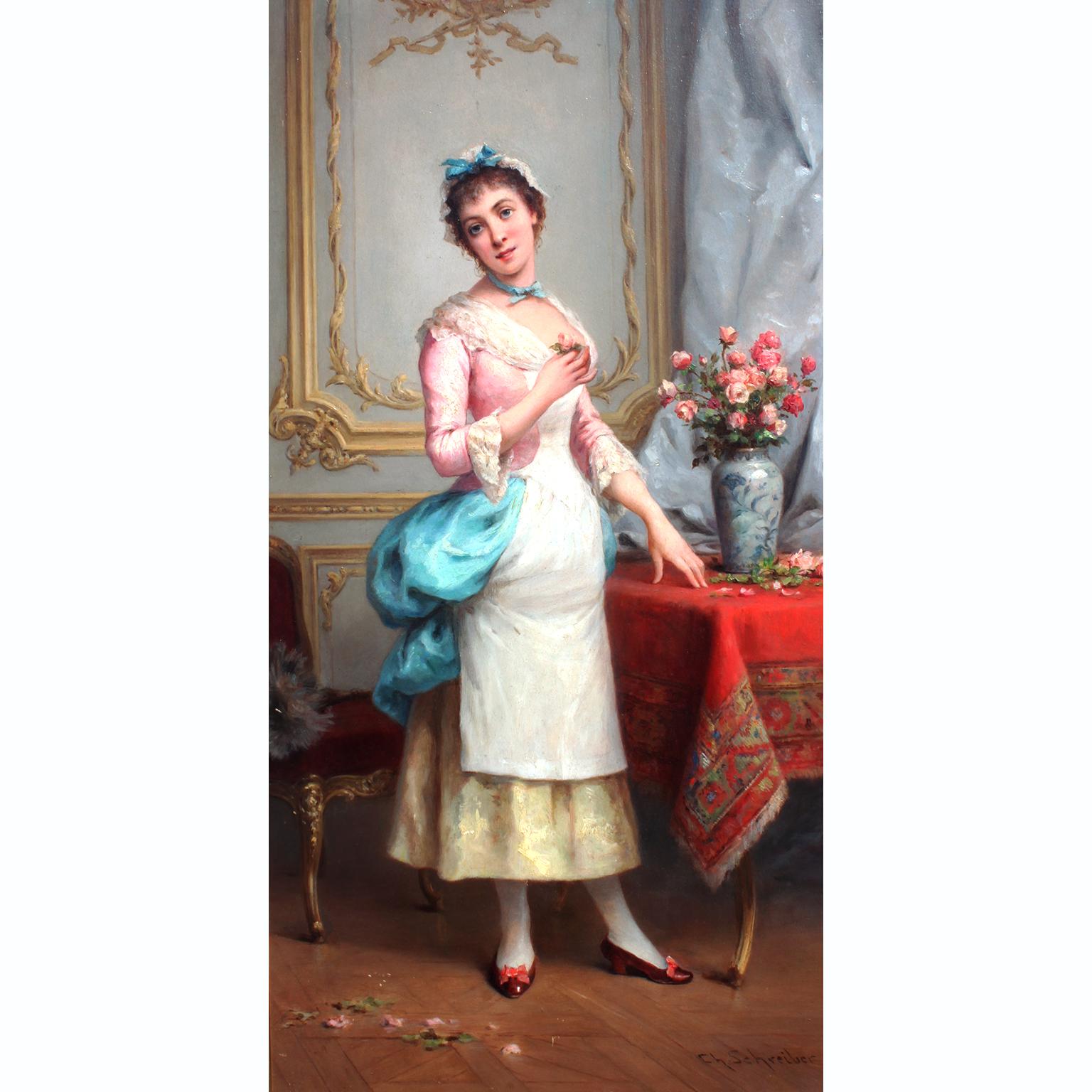 Feines französisches Ölgemälde auf Karton aus dem 19. Jahrhundert „Eine stehende Schönheit mit Frühlingsrosen“ – Painting von Charles Baptiste Schreiber