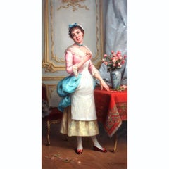 A Fine French 19th Century Oil on Board "A Standing Beauty with Spring Roses"