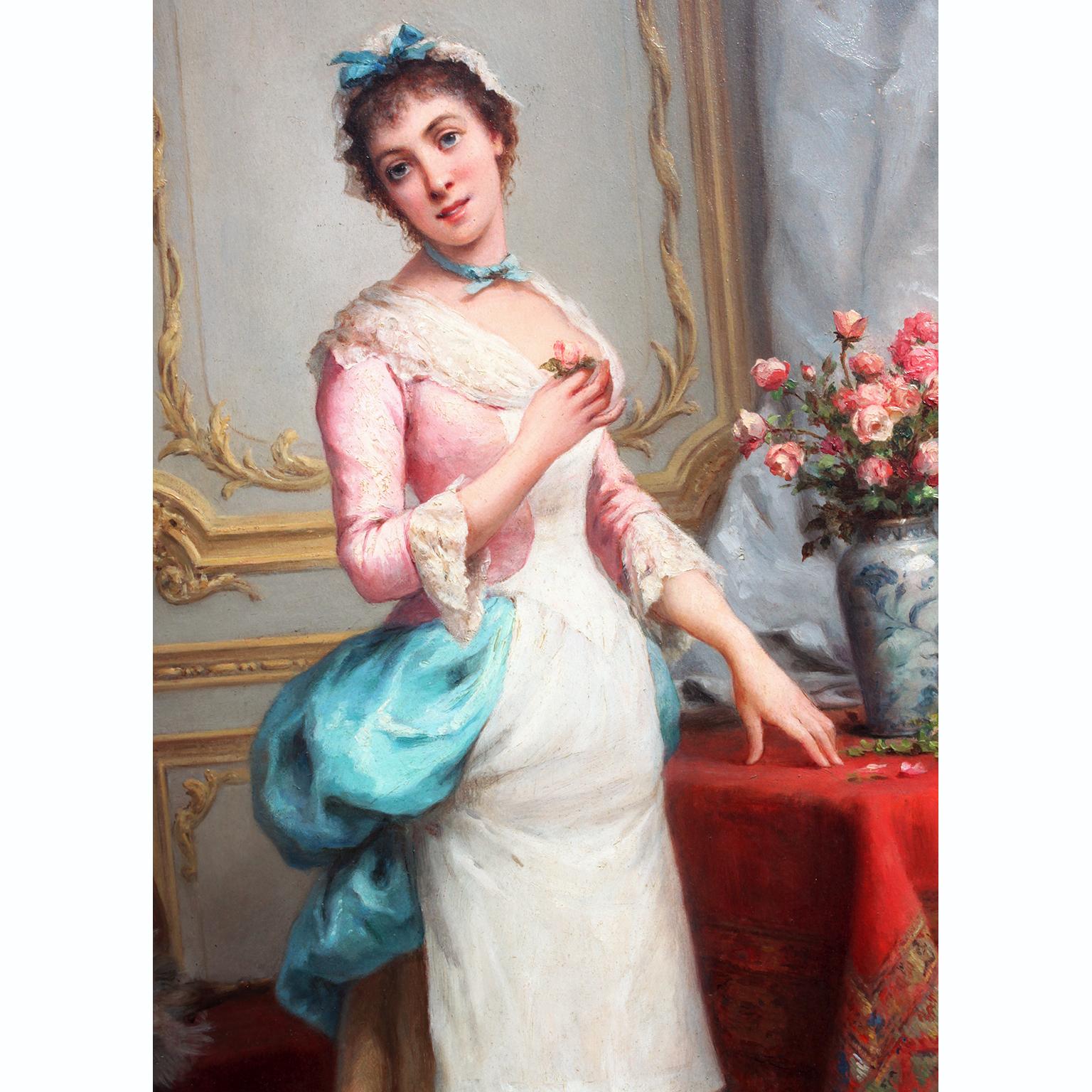 Feines französisches Ölgemälde auf Karton aus dem 19. Jahrhundert „Eine stehende Schönheit mit Frühlingsrosen“ (Akademisch), Painting, von Charles Baptiste Schreiber