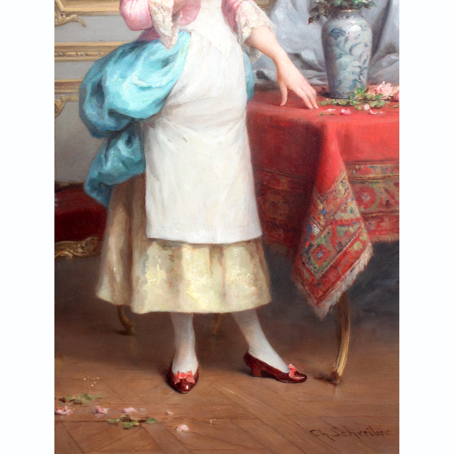 Feines französisches Ölgemälde auf Karton aus dem 19. Jahrhundert „Eine stehende Schönheit mit Frühlingsrosen“ (Braun), Still-Life Painting, von Charles Baptiste Schreiber