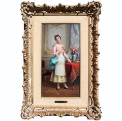A Fine French 19th Century Oil on Board "A Standing Beauty with Spring Roses"