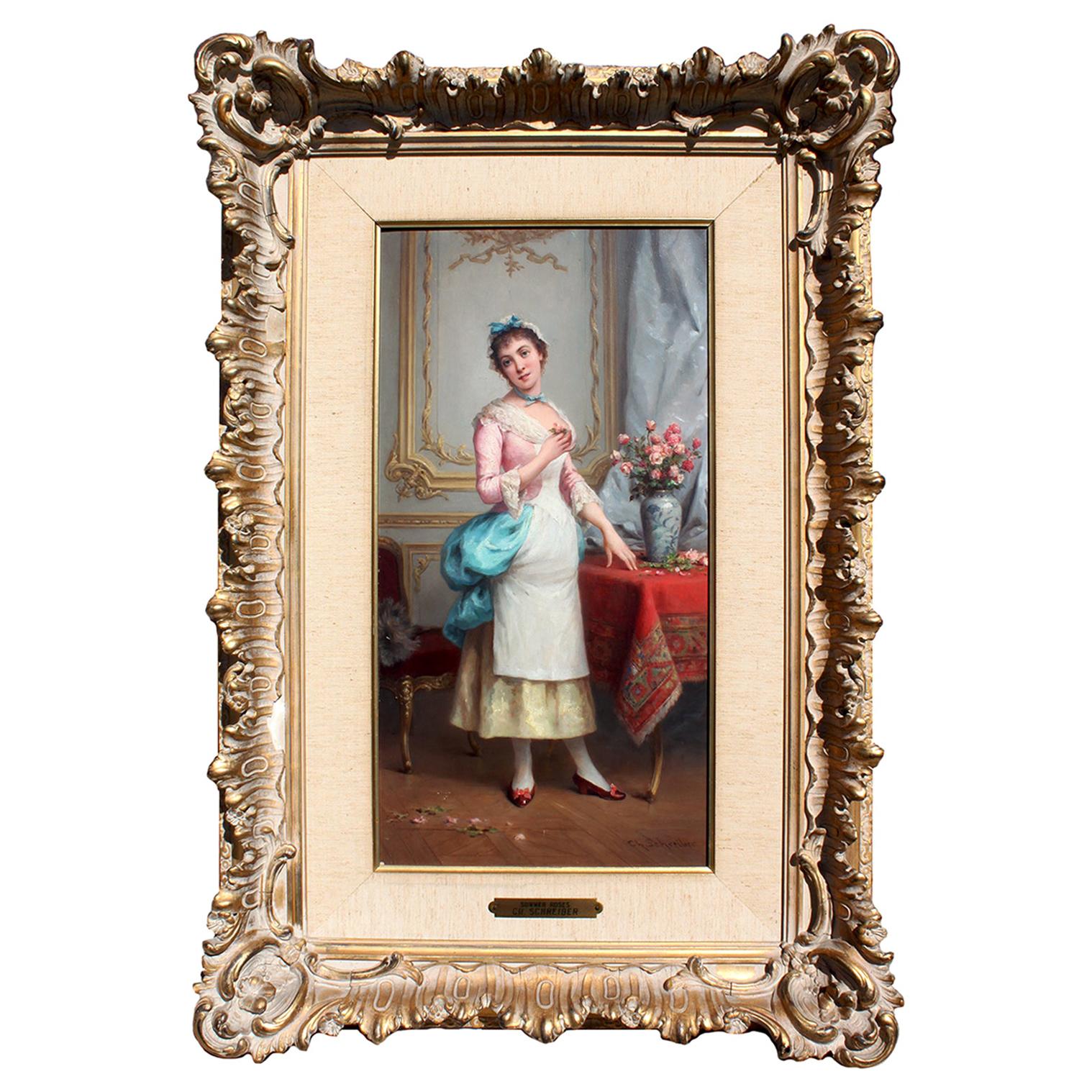 Charles Baptiste Schreiber, „Franzose, 1845-1845“, 19. Jahrhundert, Öl auf Karton, Sommerrosen im Angebot
