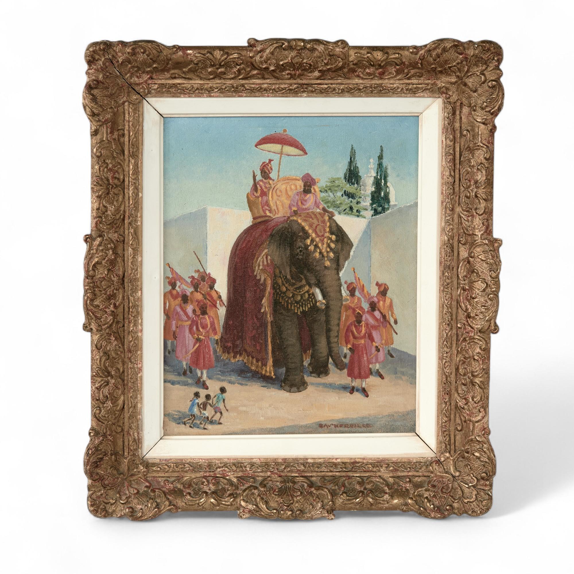 Transport d'une peinture à l'huile sur toile représentant un éléphant vêtu d'un costume de fête lors d'une parade avec des figures et des personnages.  Signé Charles Baskerville 1966 et présenté dans un ancien cadre italien. 