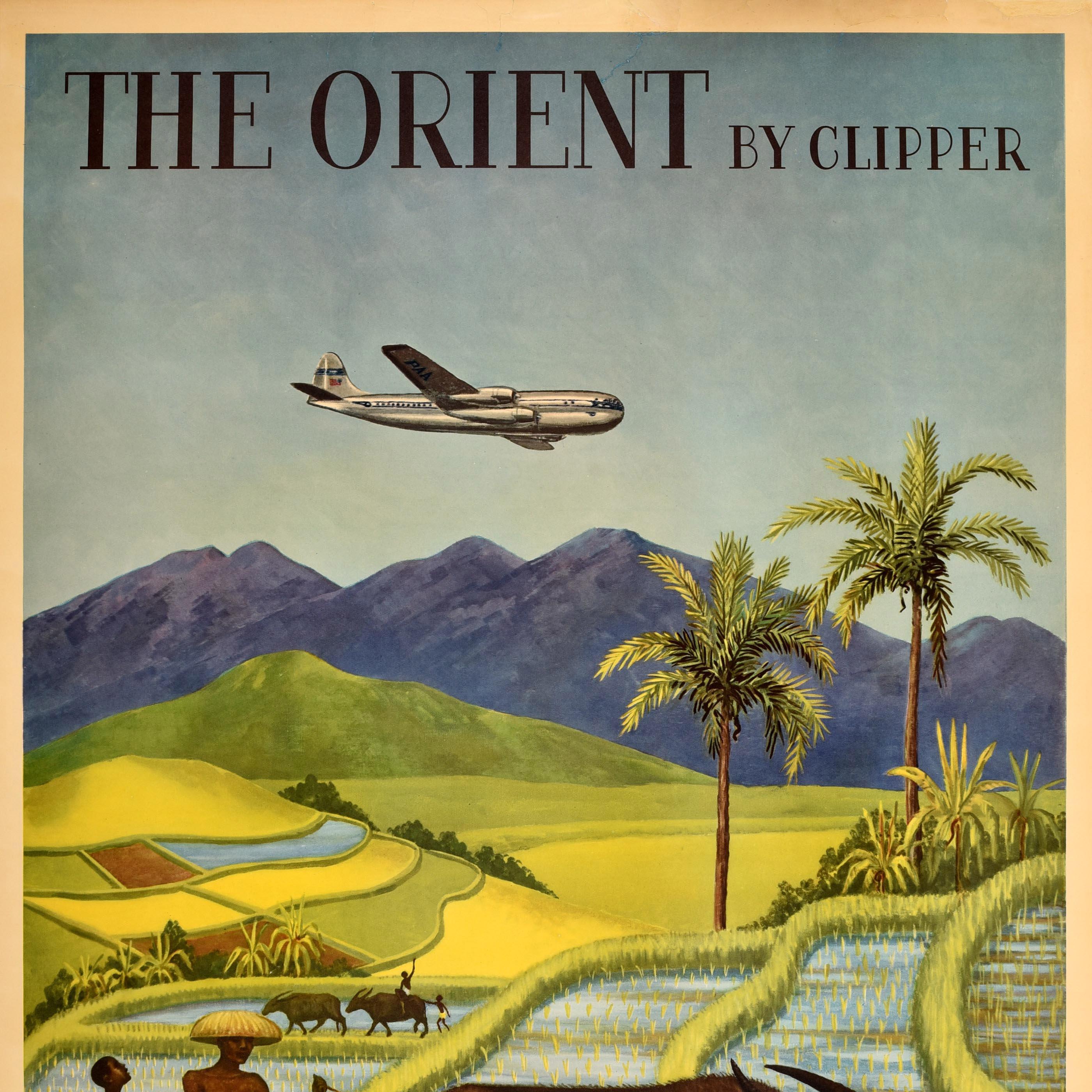 Original vintage Asia travel poster for The Orient by Clipper Pan American World Airways The World's Most Experienced Airline featuring artwork by Charles Baskerville (1896-1994) depicting men working on the paddy fields farming rice with the help